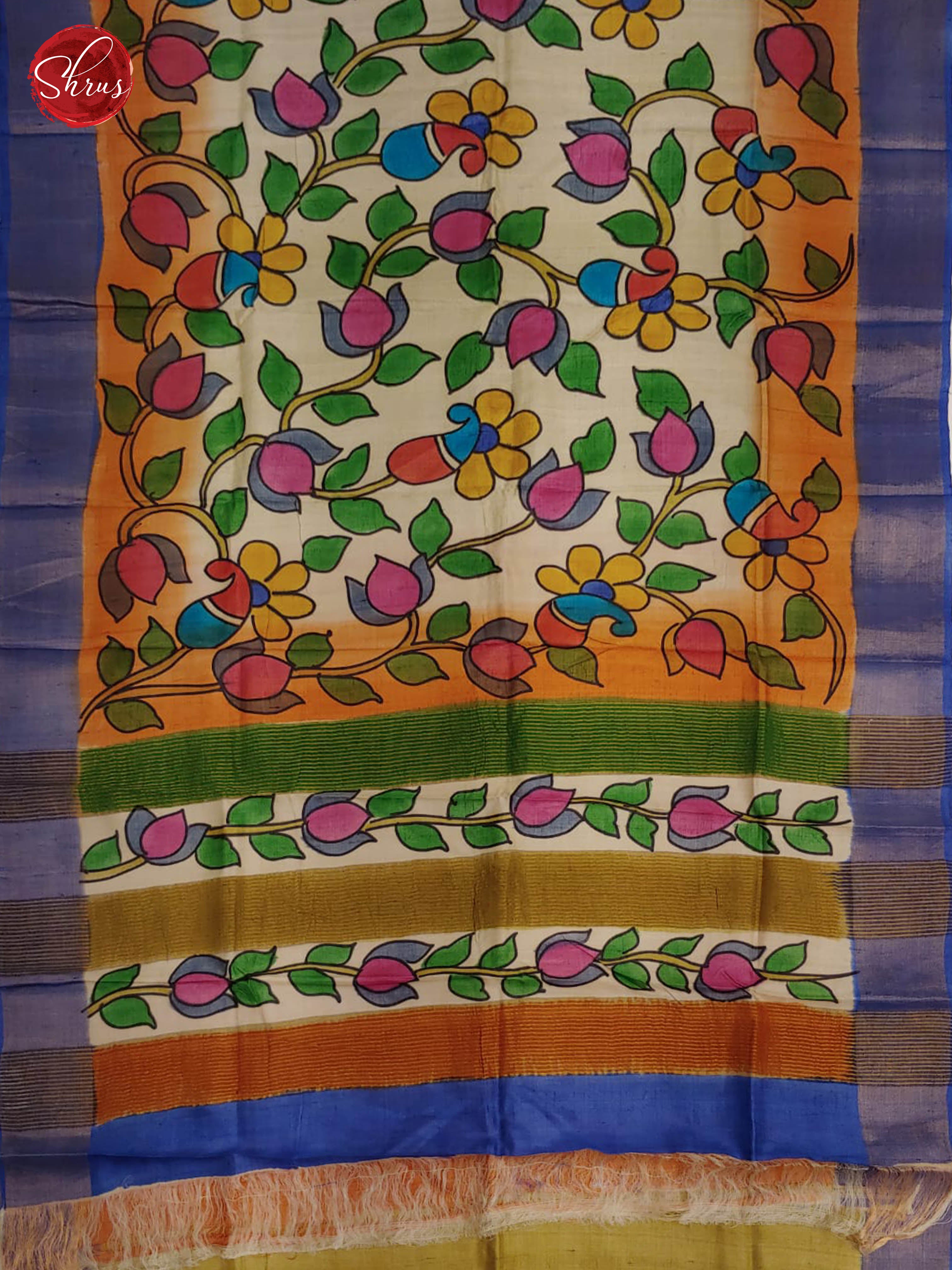 Cream & Orange -Tussar with Kalamkari Block Print - Shop on ShrusEternity.com