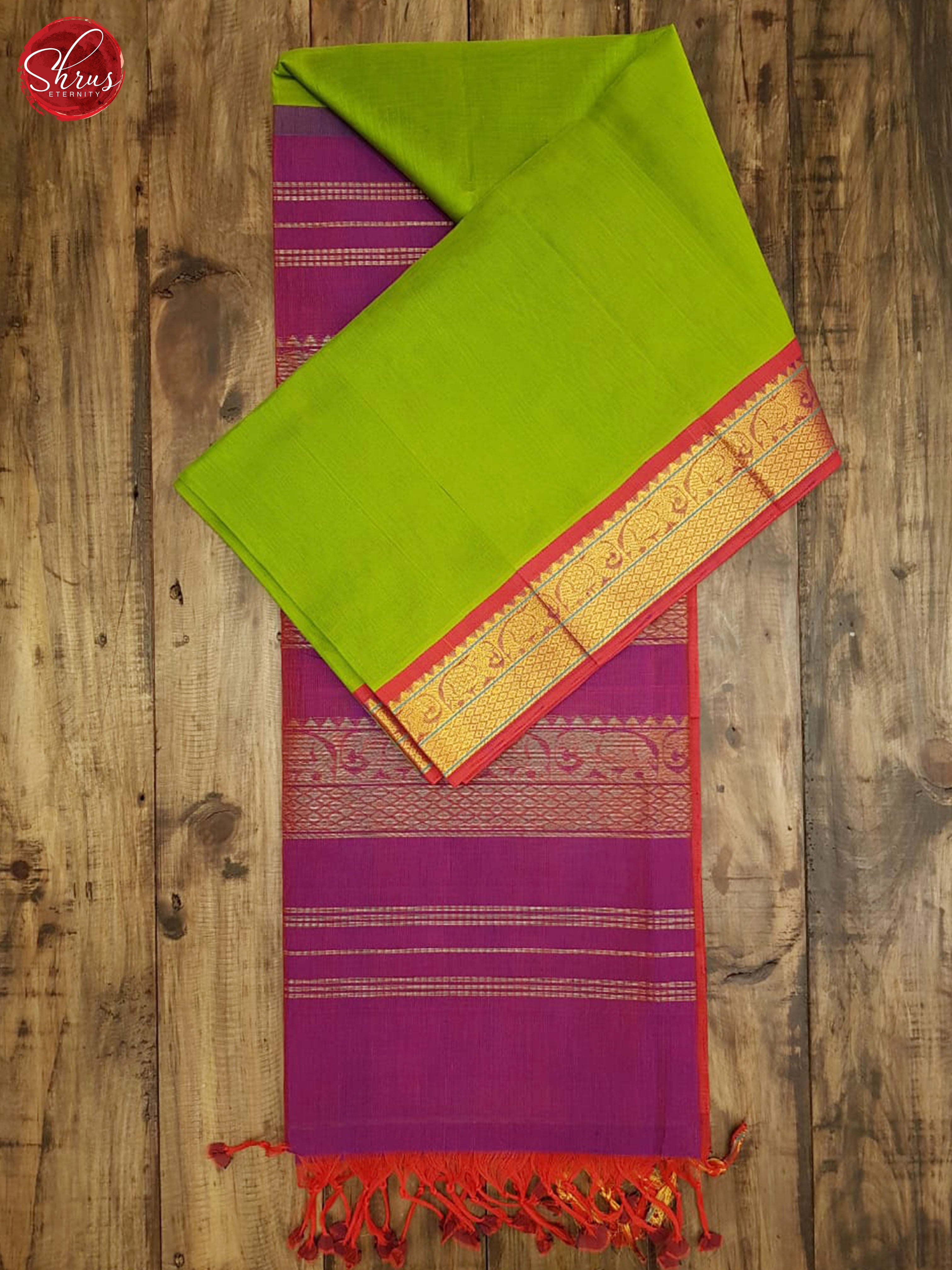 Green & Majenta - Silk Cotton with Border & Gold Zari - Shop on ShrusEternity.com