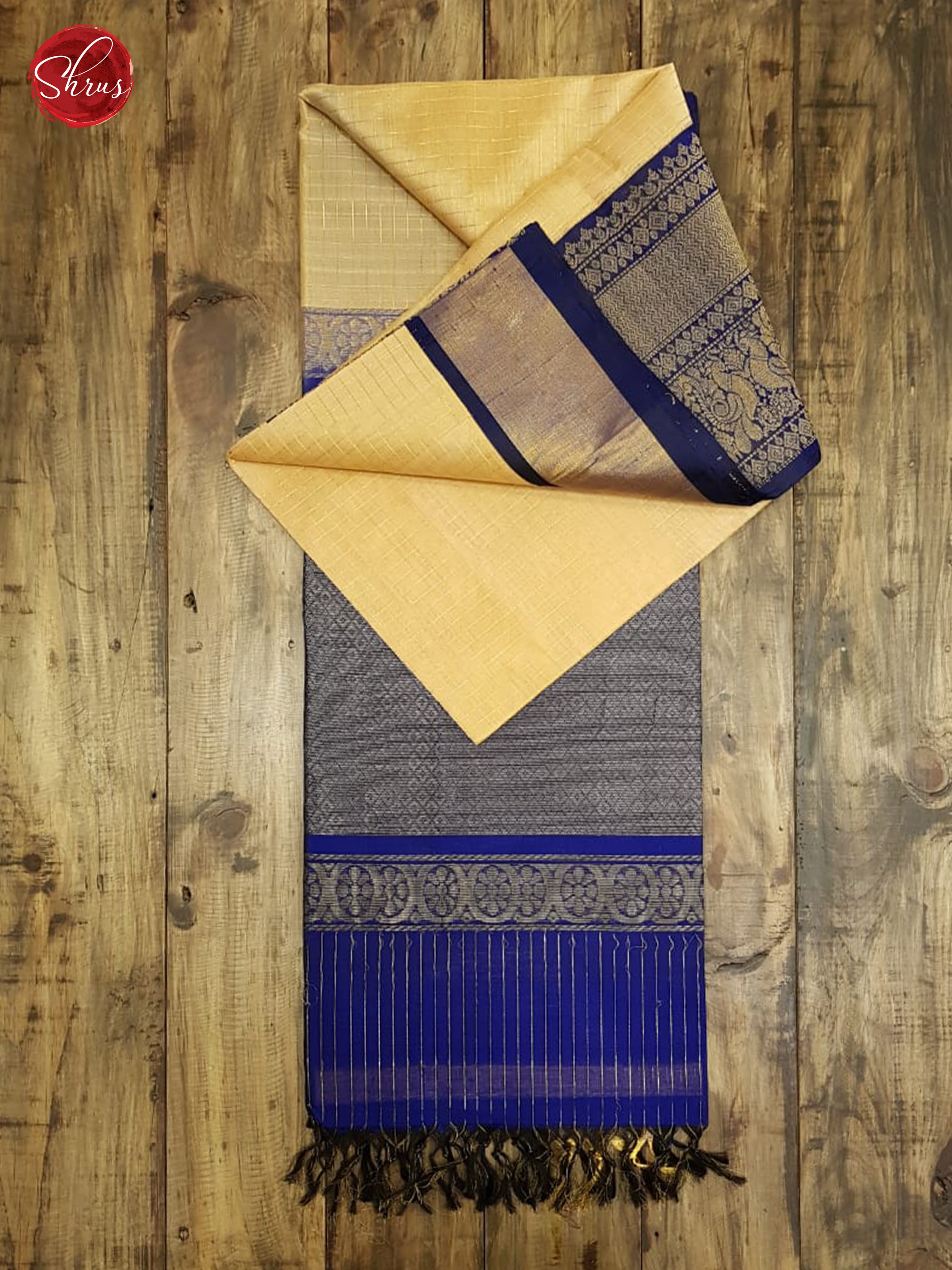 Beige & Blue - Silk Cotton with Border & Gold zari - Shop on ShrusEternity.com