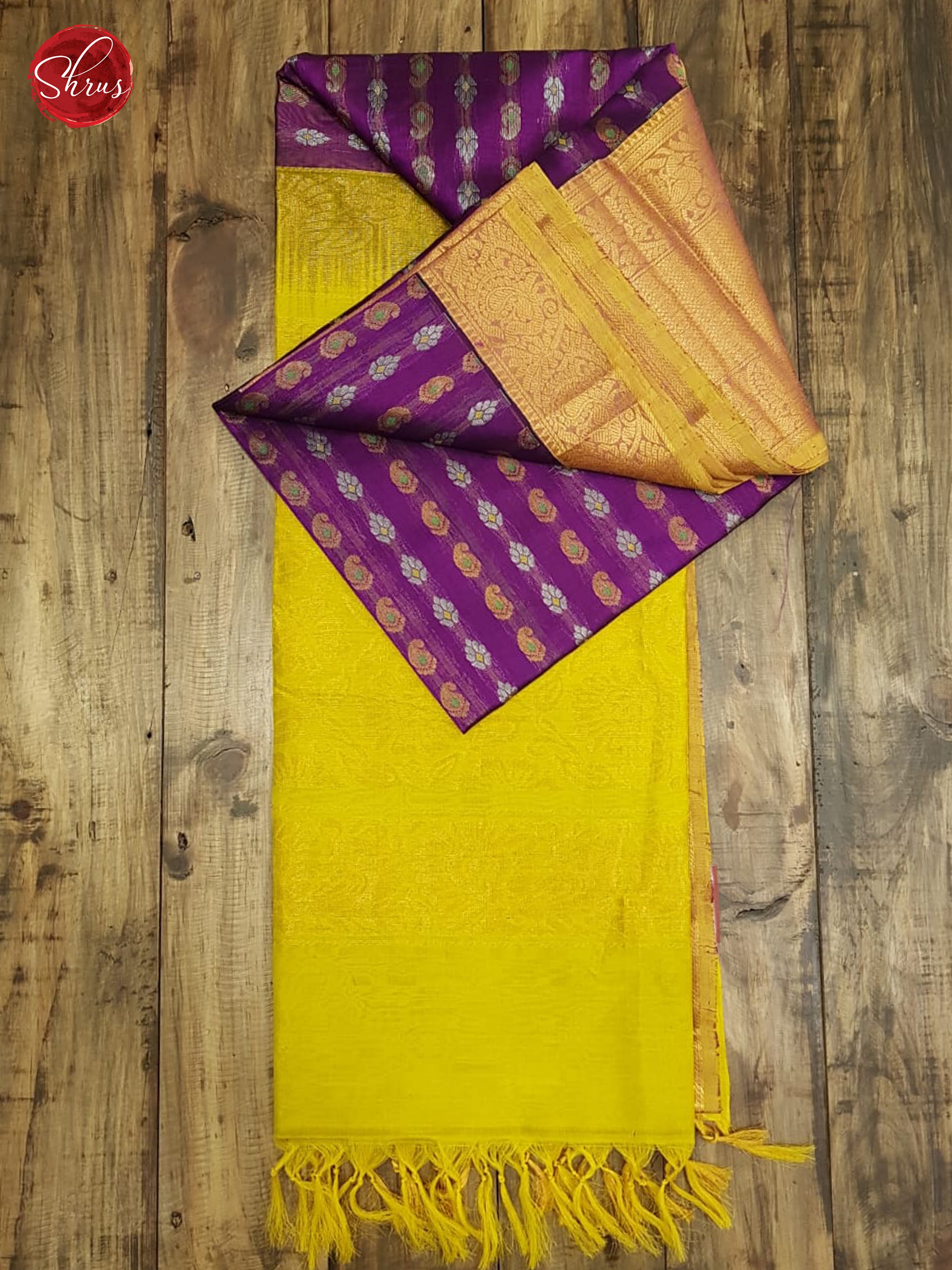 Purple & Green - Silk Cotton with Border & Gold , Silver Zari - Shop on ShrusEternity.com
