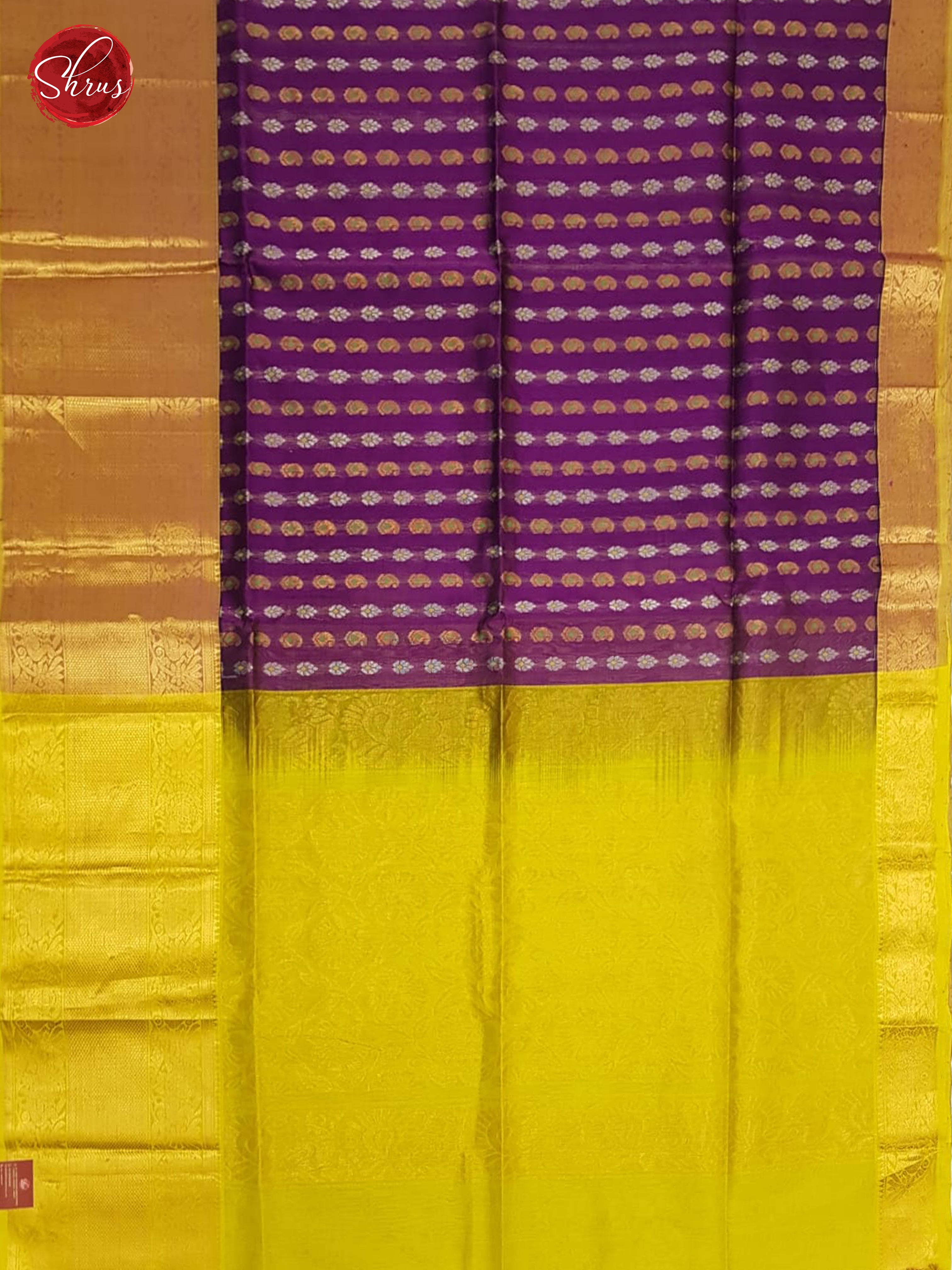 Purple & Green - Silk Cotton with Border & Gold , Silver Zari - Shop on ShrusEternity.com