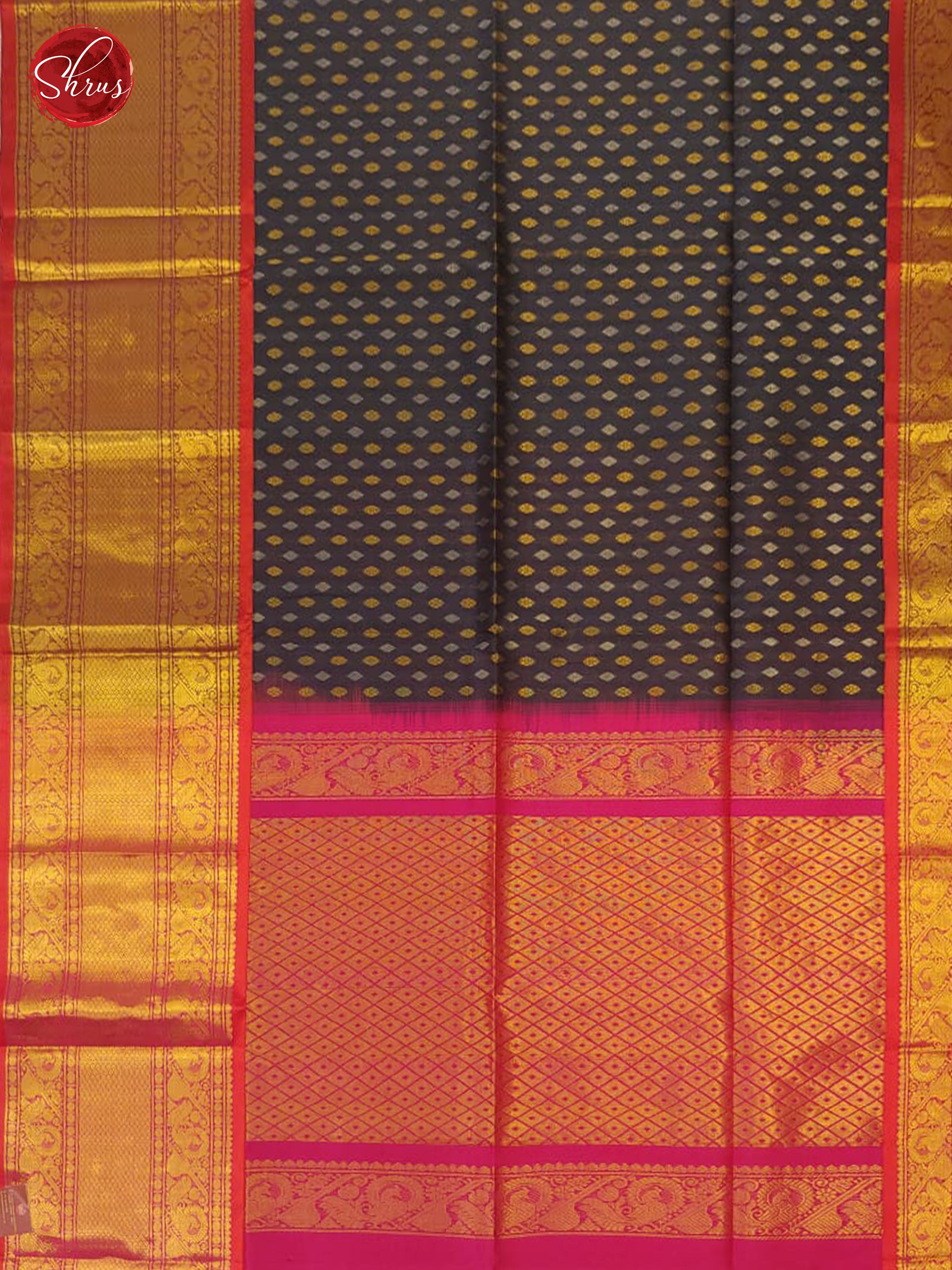 Elephant grey & Majenta  - Silk Cotton with Border & Gold , Silver Zari - Shop on ShrusEternity.com