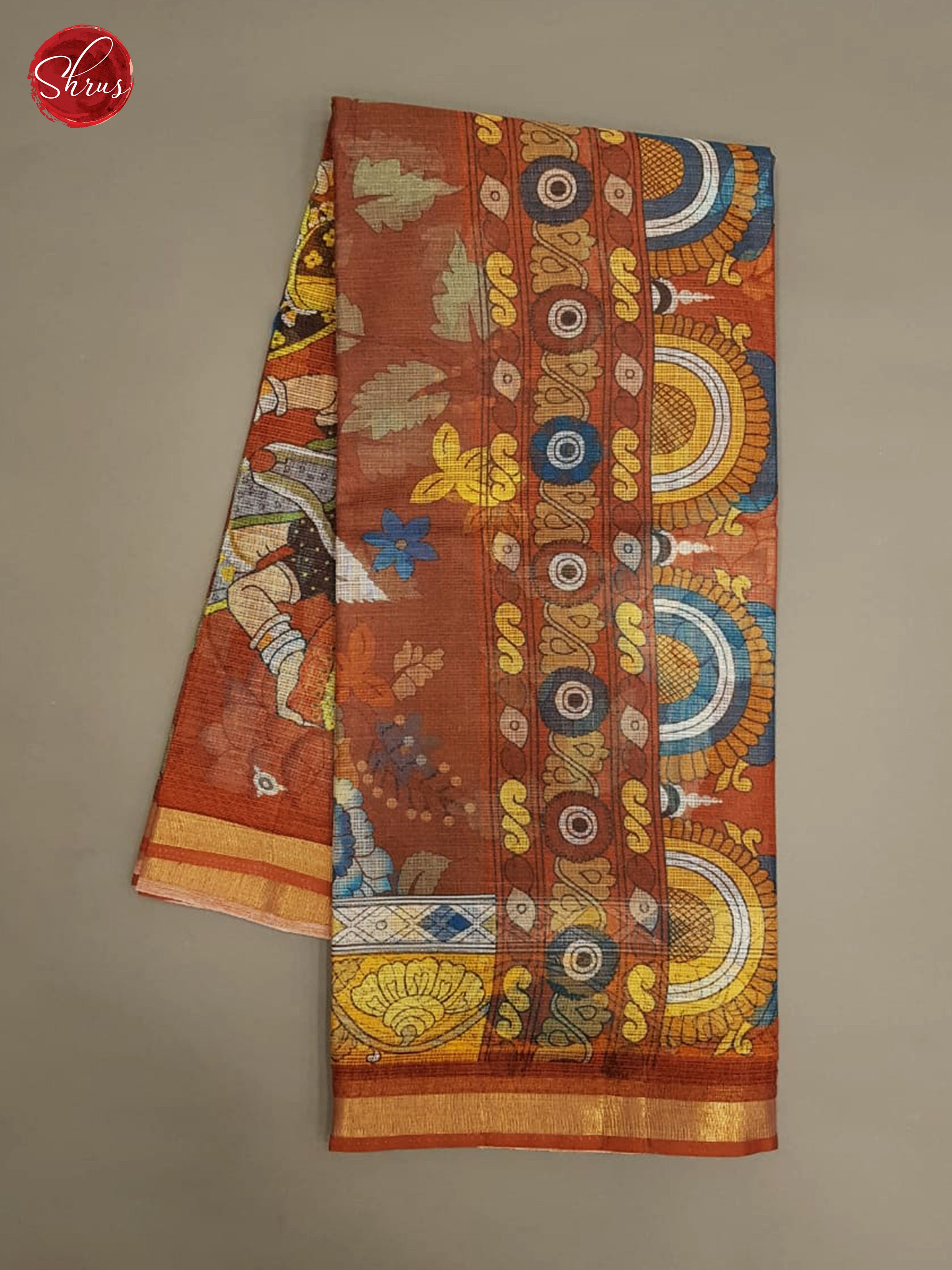 Brick Brown(Single Tone) - Kota Cotton with goddess print on the Body & Thin Zari Border - Shop on ShrusEternity.com