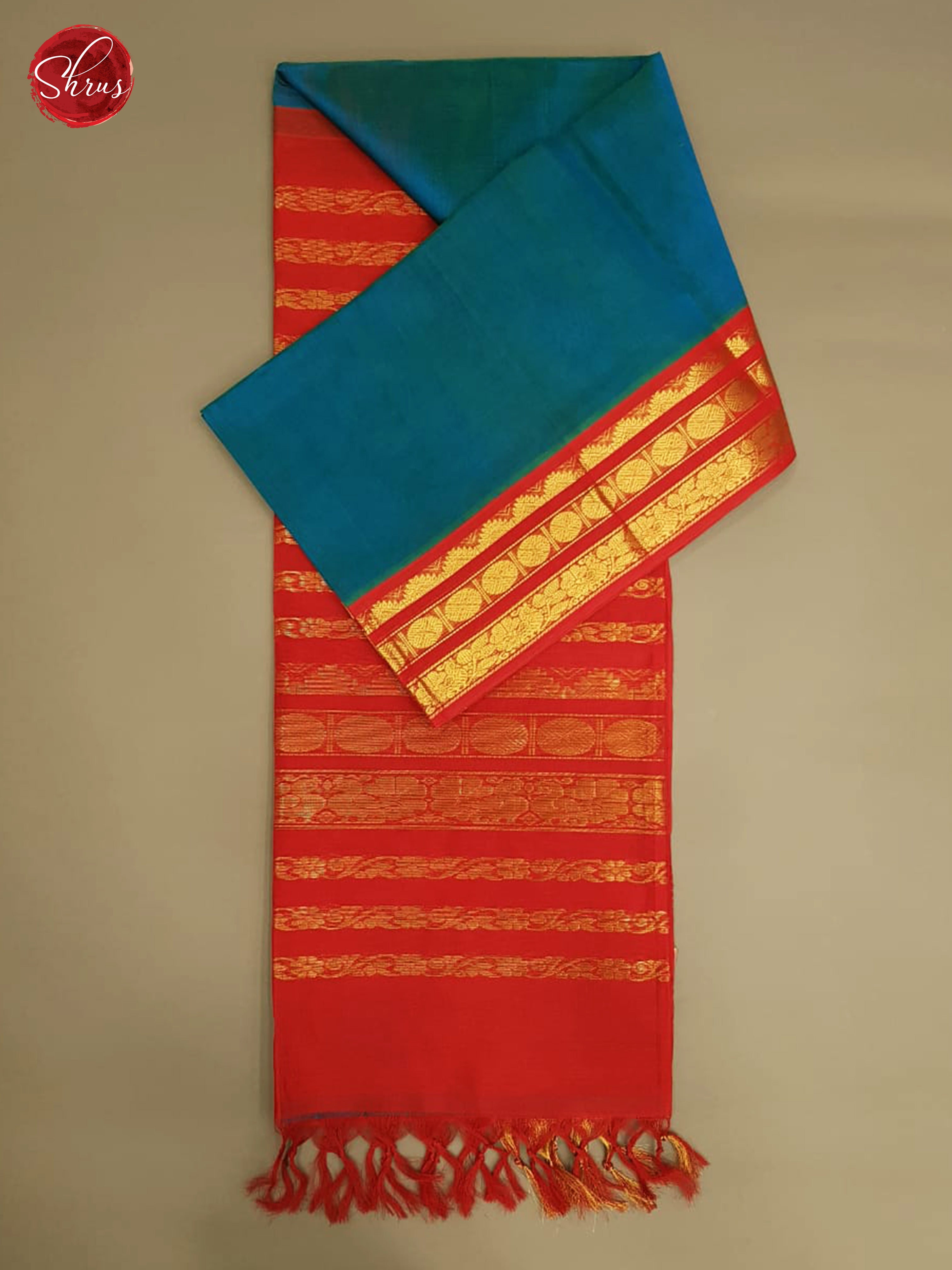 Blue & Red - Silk Cotton with Border & Gold Zari - Shop on ShrusEternity.com