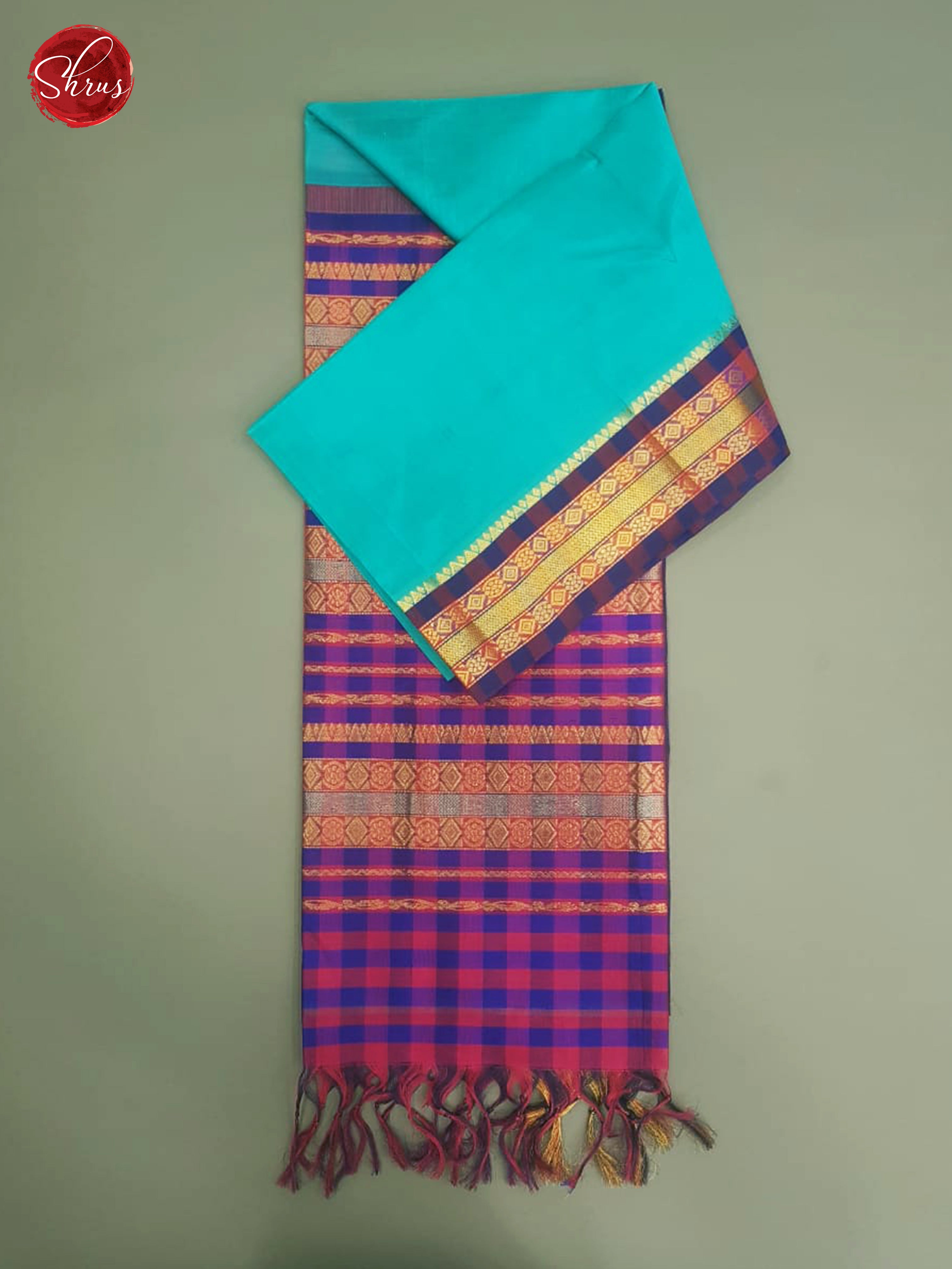 Teal & Blue - Silk Cotton with Gold Zari Border - Shop on ShrusEternity.com