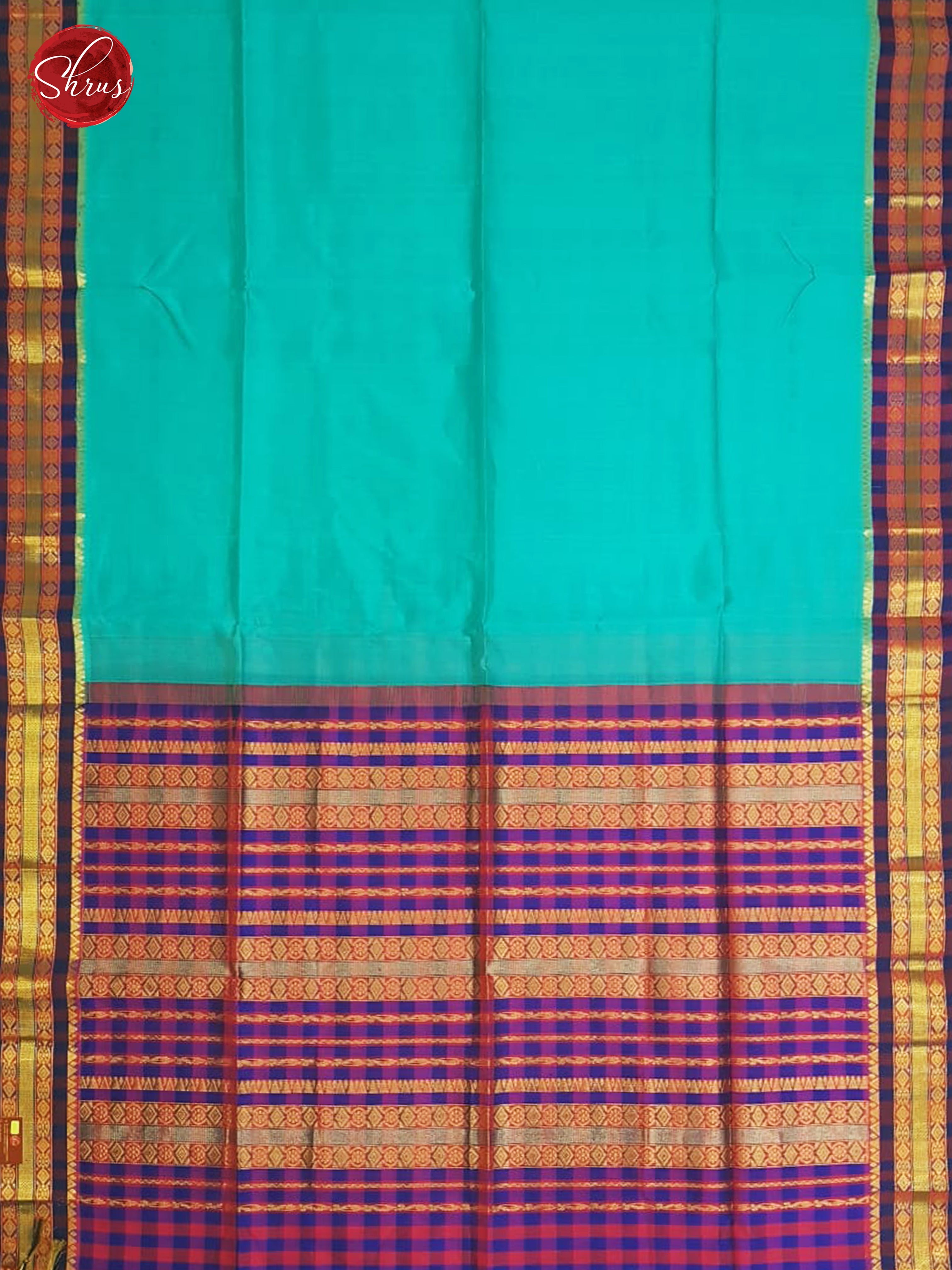 Teal & Blue - Silk Cotton with Gold Zari Border - Shop on ShrusEternity.com