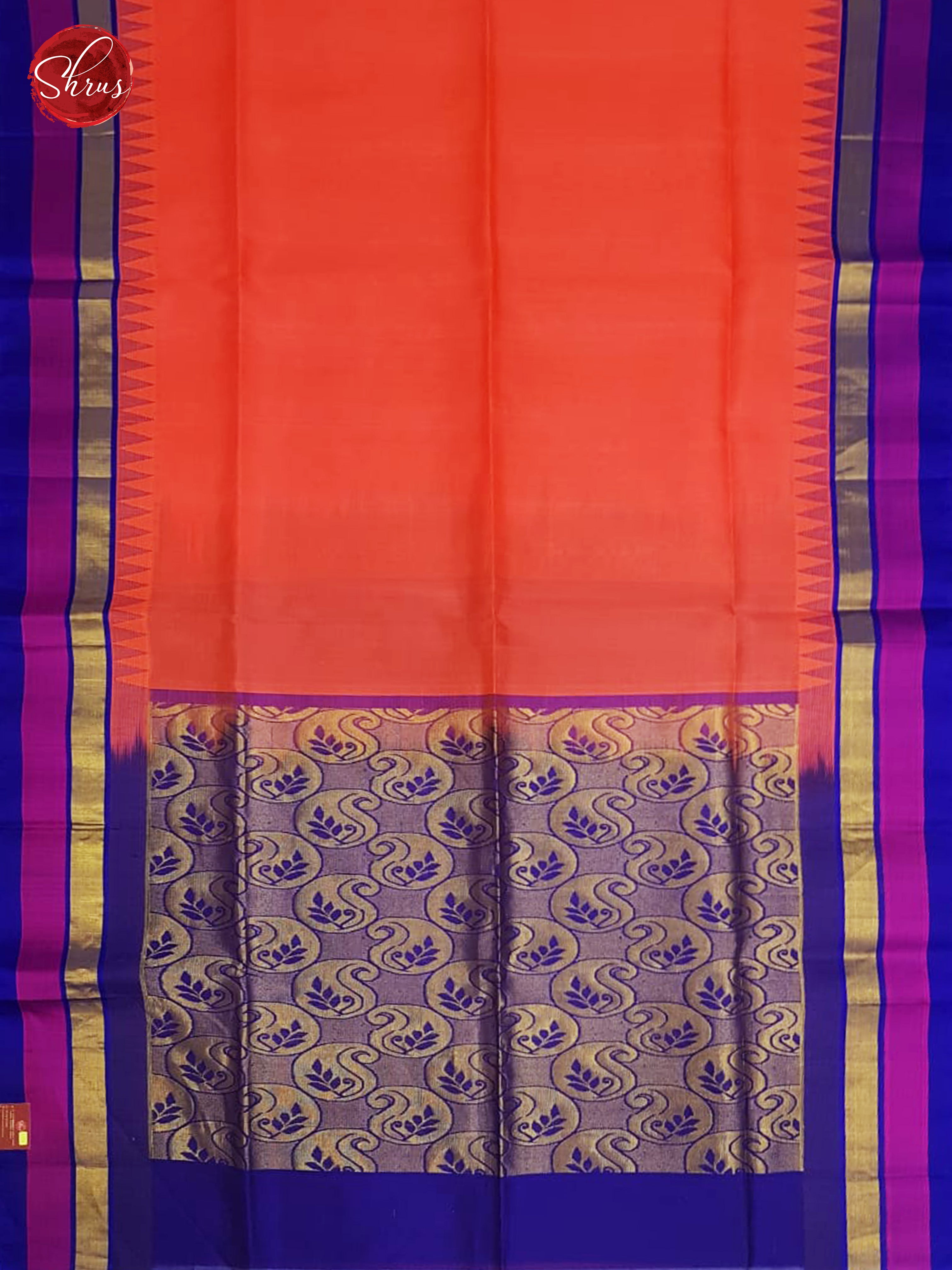 Orange & Blue - Silk Cotton with Gold Zari Border - Shop on ShrusEternity.com
