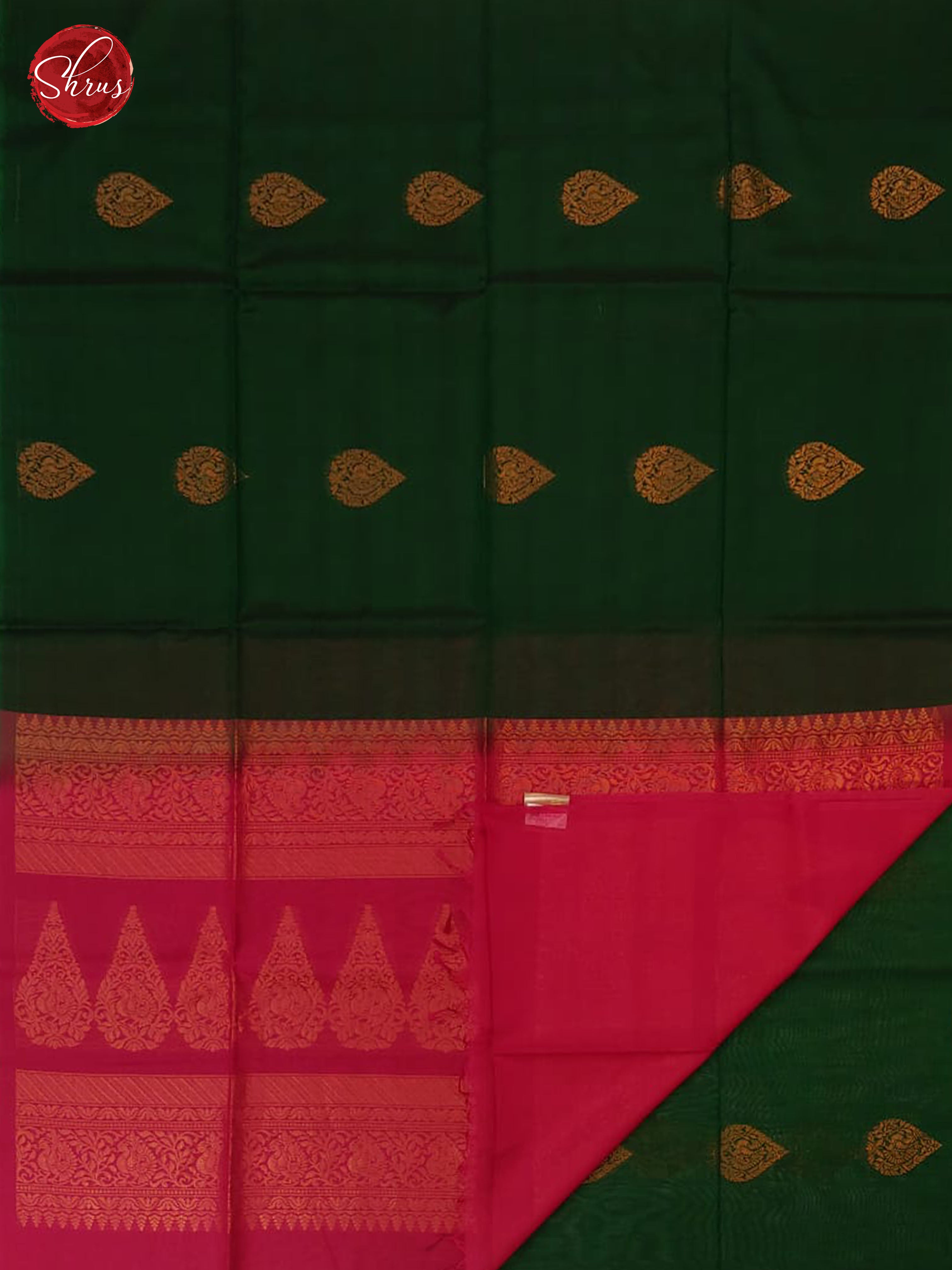 Dark Green & Majenta Pink - Borderless Silk Cotton with Gold Zari - Shop on ShrusEternity.com
