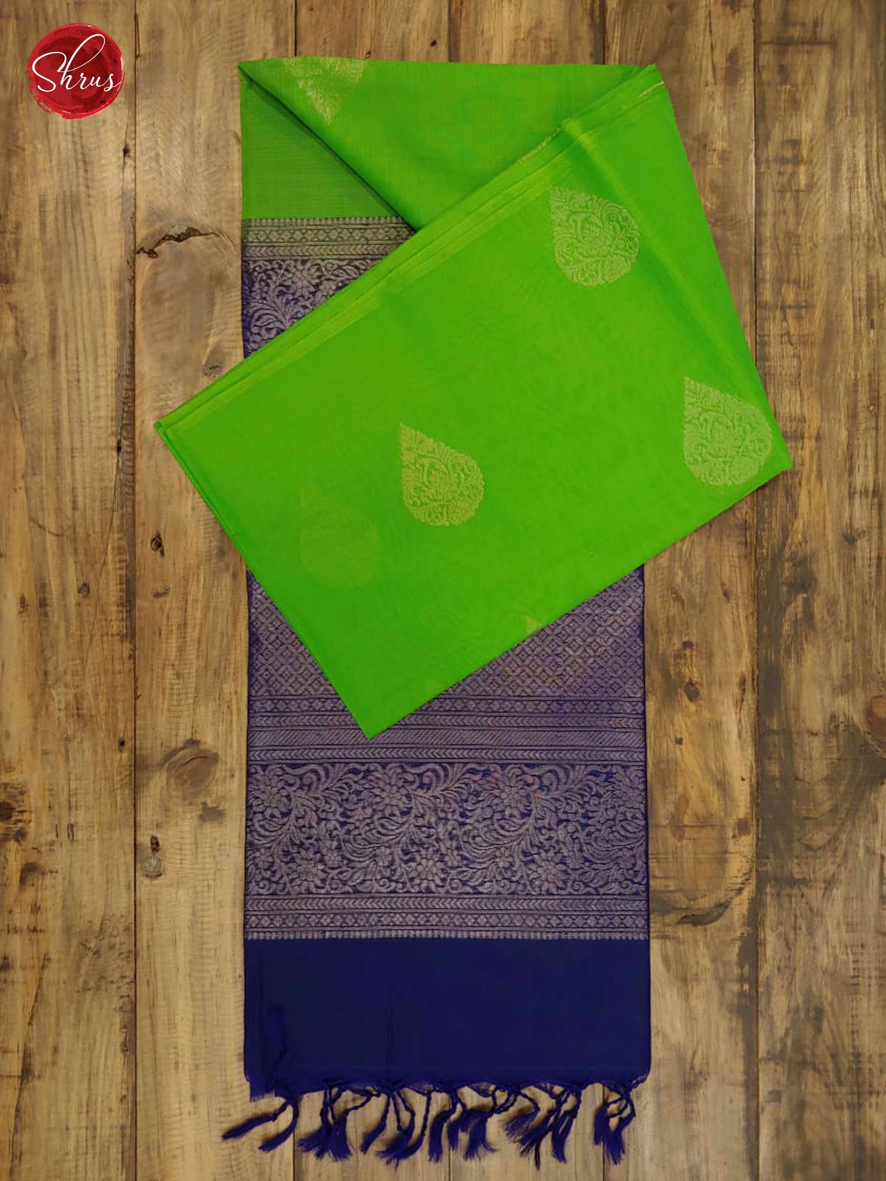 Green & Blue - Borderless Silk Cotton with Gold Zari - Shop on ShrusEternity.com