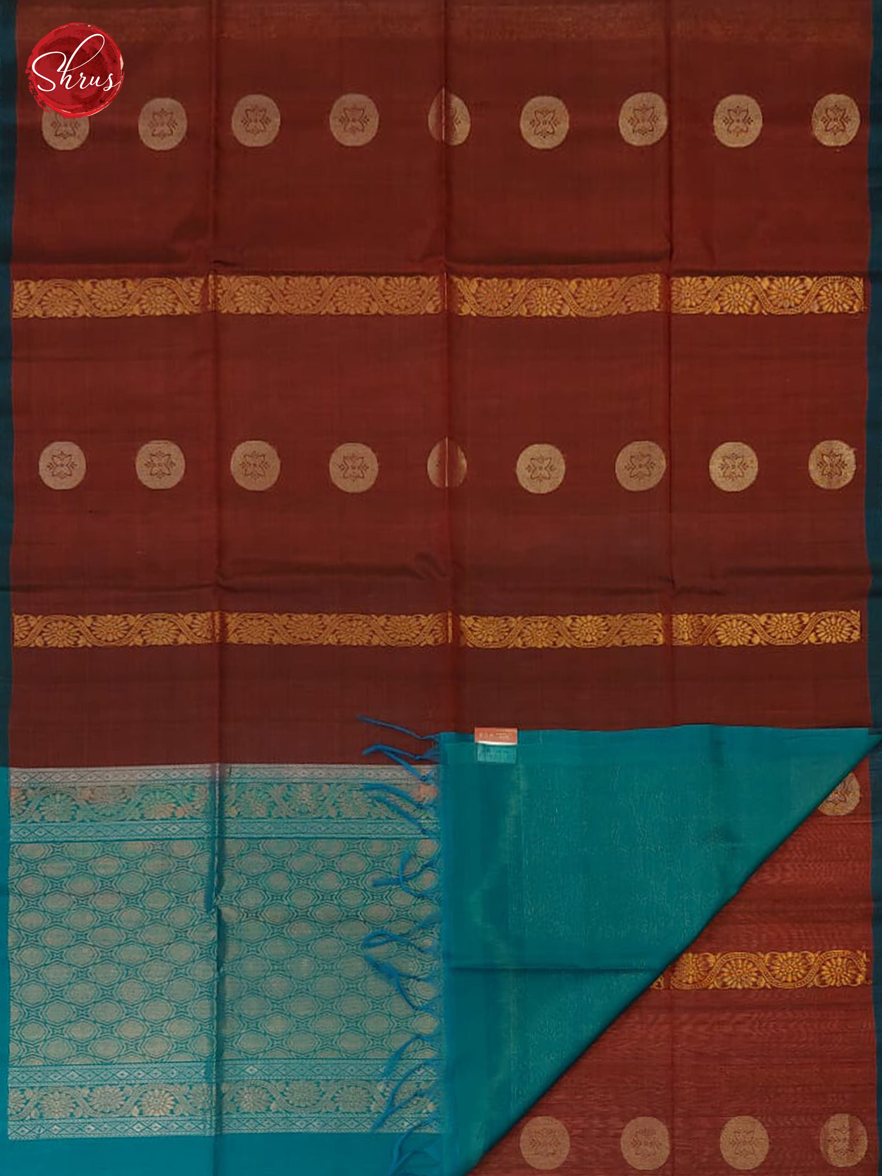Maroon & Blue - Borderless Silk Cotton with Gold Zari - Shop on ShrusEternity.com