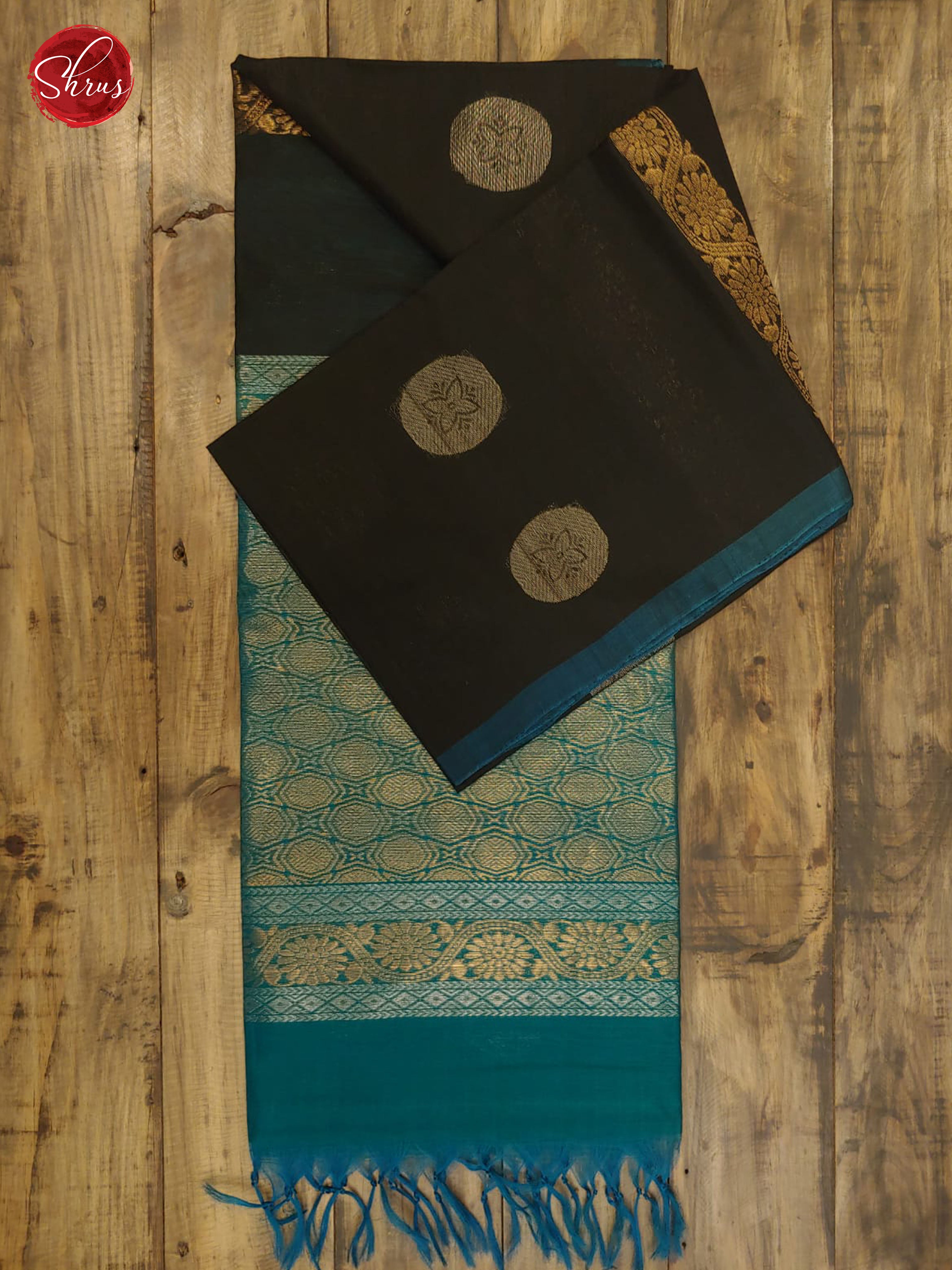 Black & Blue - Borderless Silk Cotton with Gold Zari - Shop on ShrusEternity.com