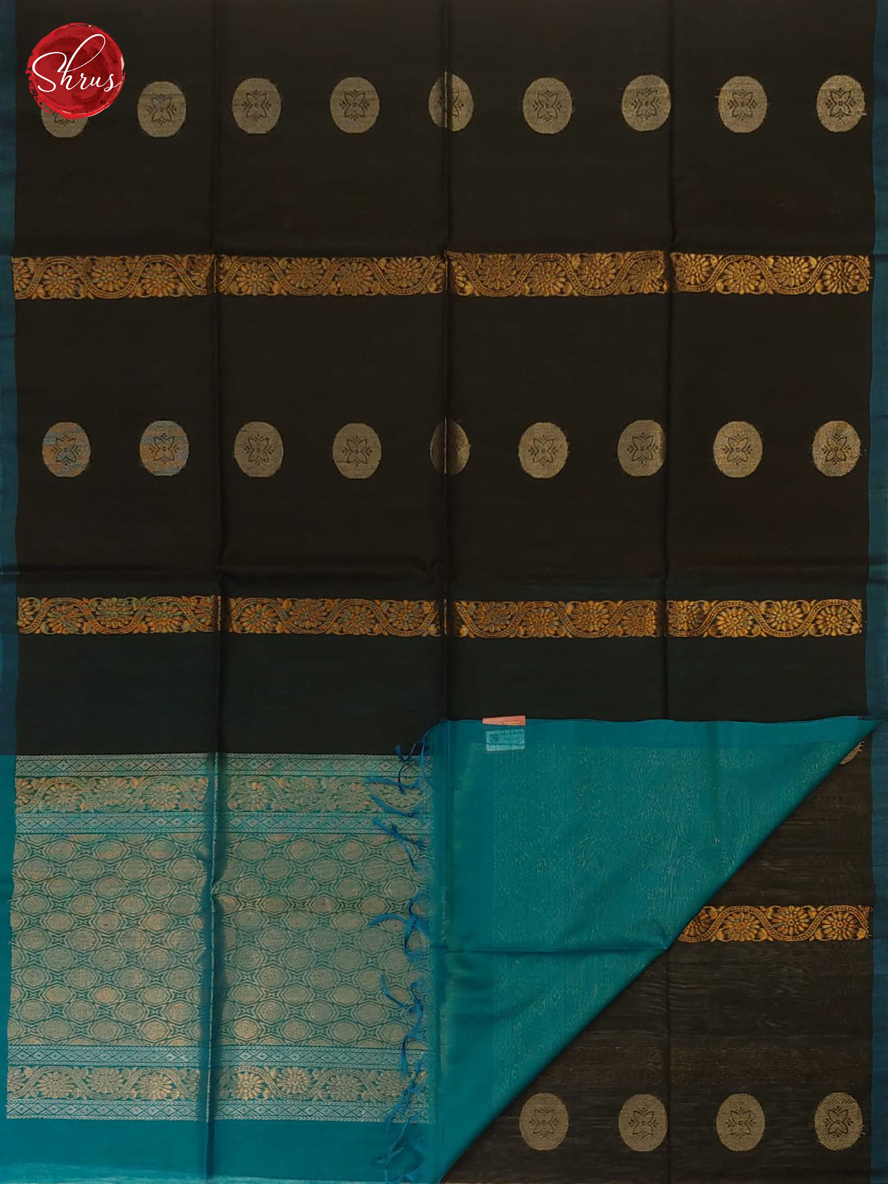 Black & Blue - Borderless Silk Cotton with Gold Zari - Shop on ShrusEternity.com