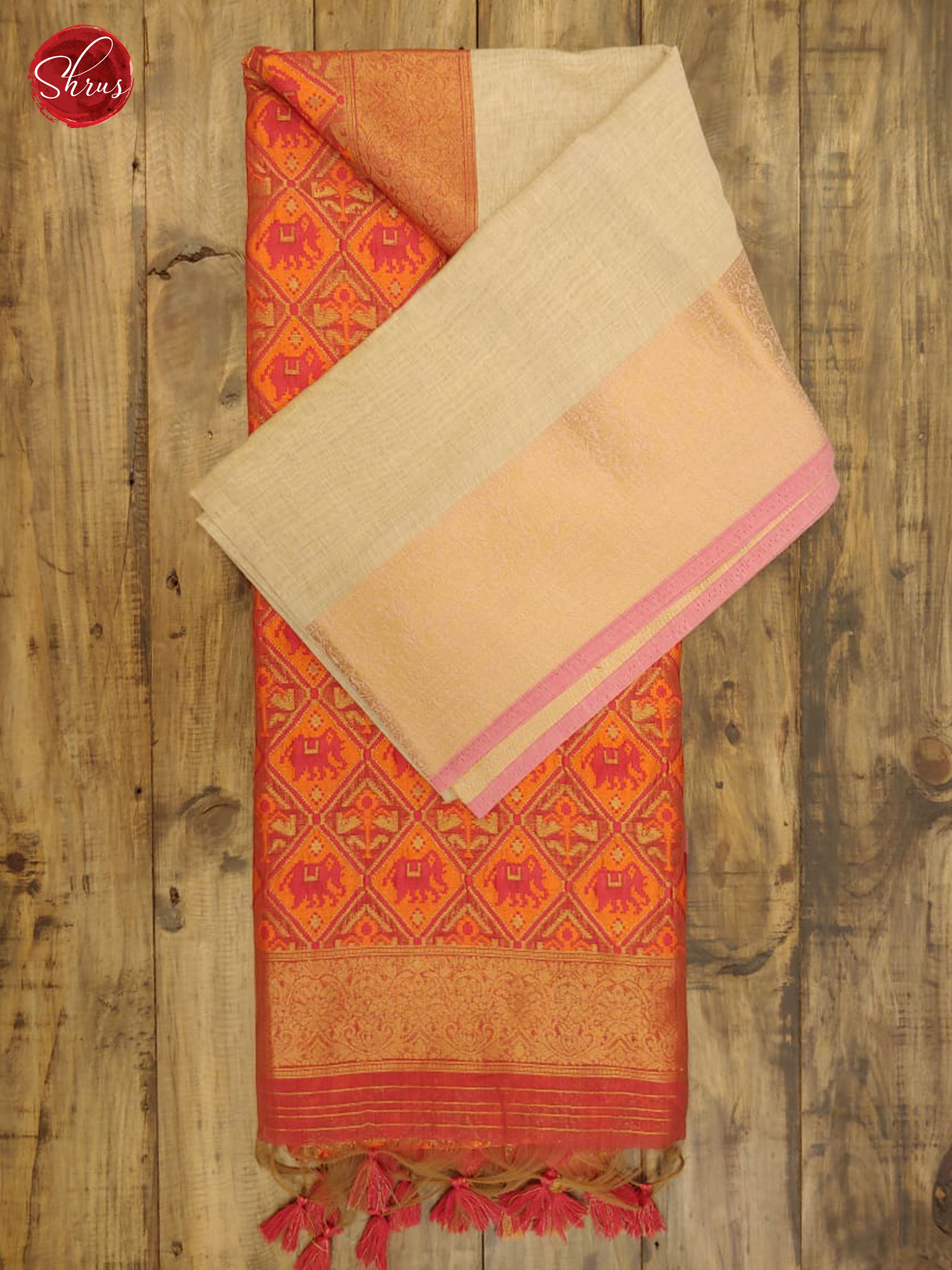 Cream & Orangish Pink - Semi Jute Cotton with Gold Zari Border - Shop on ShrusEternity.com