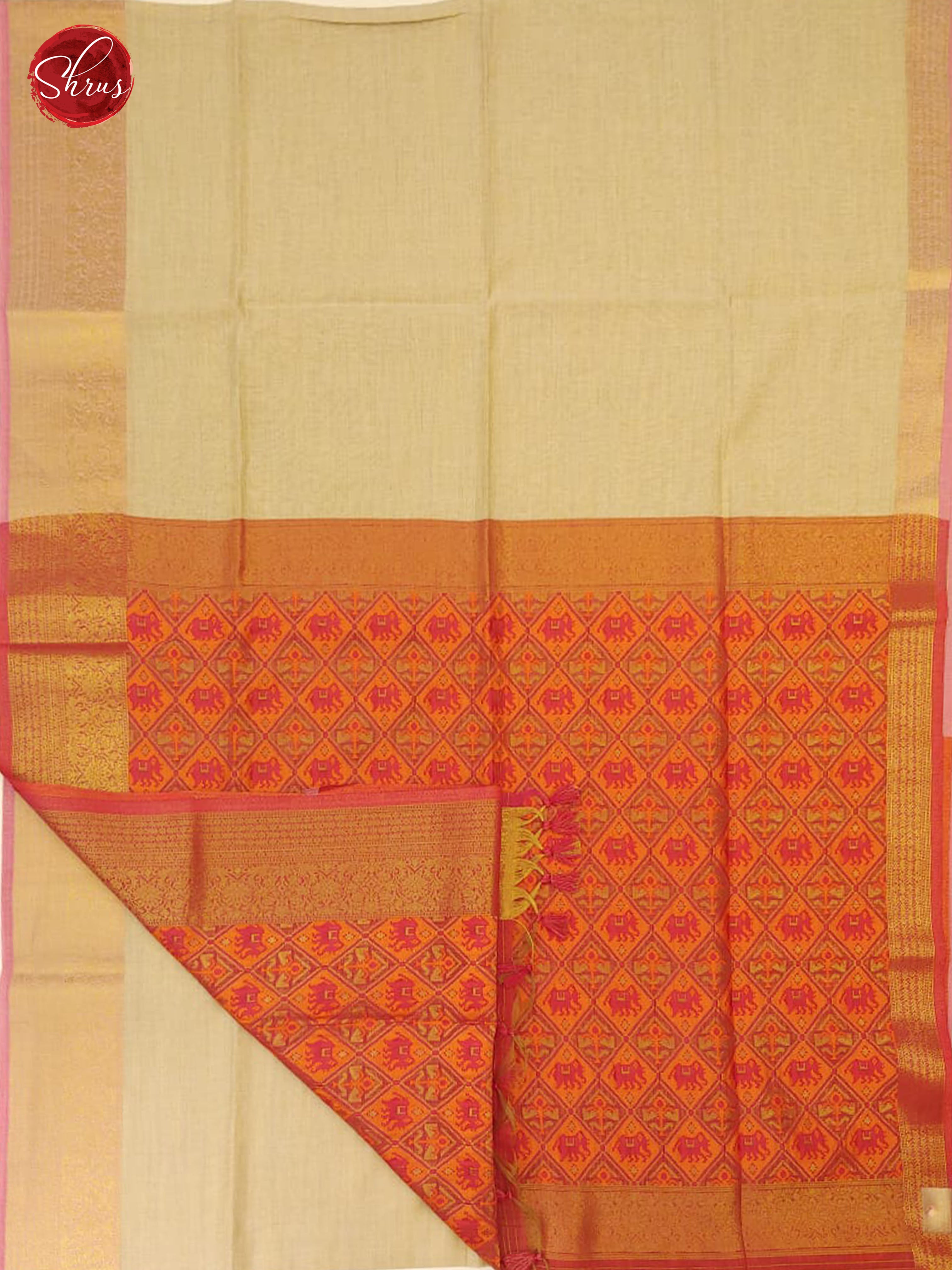 Cream & Orangish Pink - Semi Jute Cotton with Gold Zari Border - Shop on ShrusEternity.com
