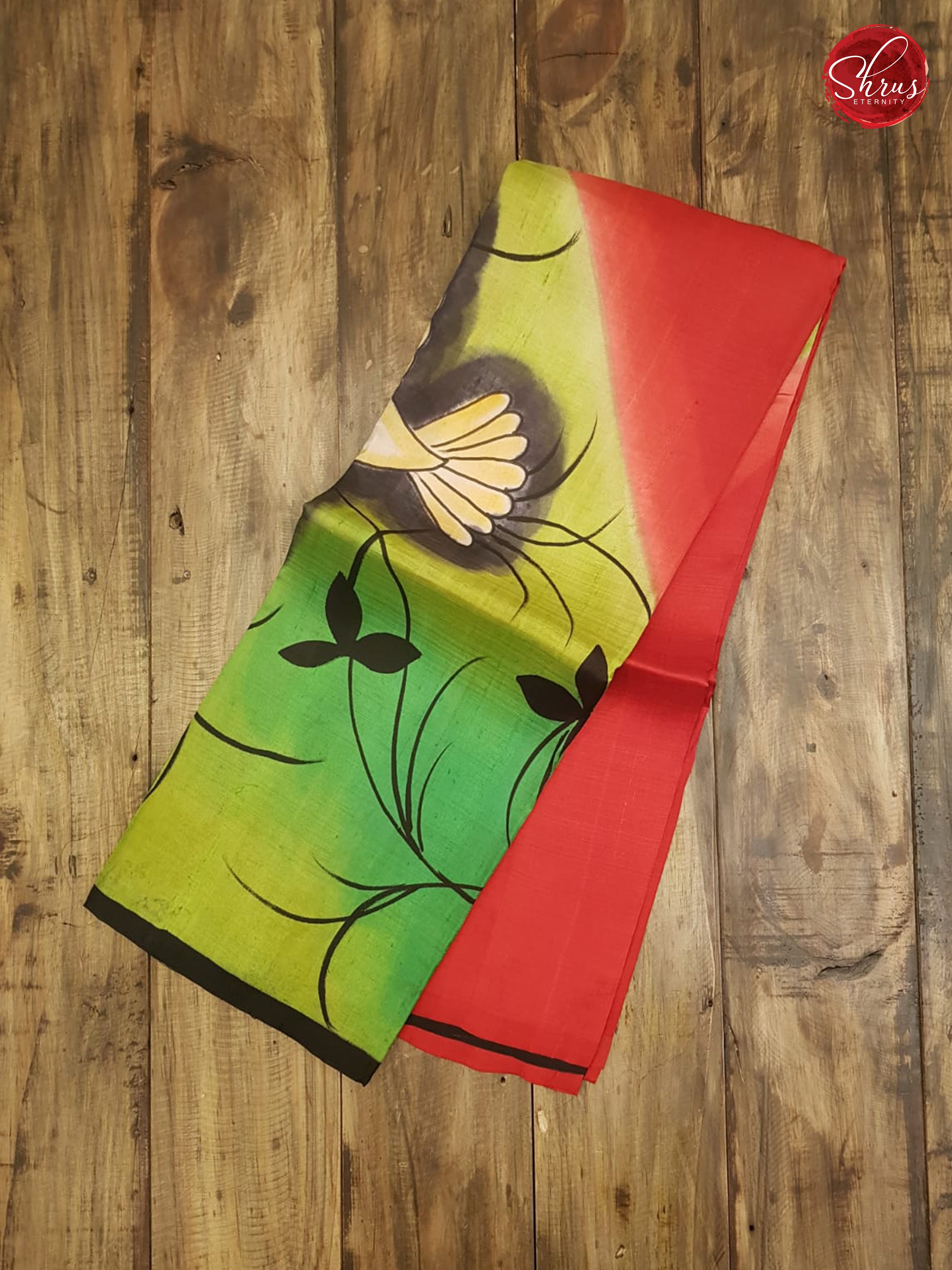 Red & Green - Murshidabad Silk with Hand Paint - Shop on ShrusEternity.com