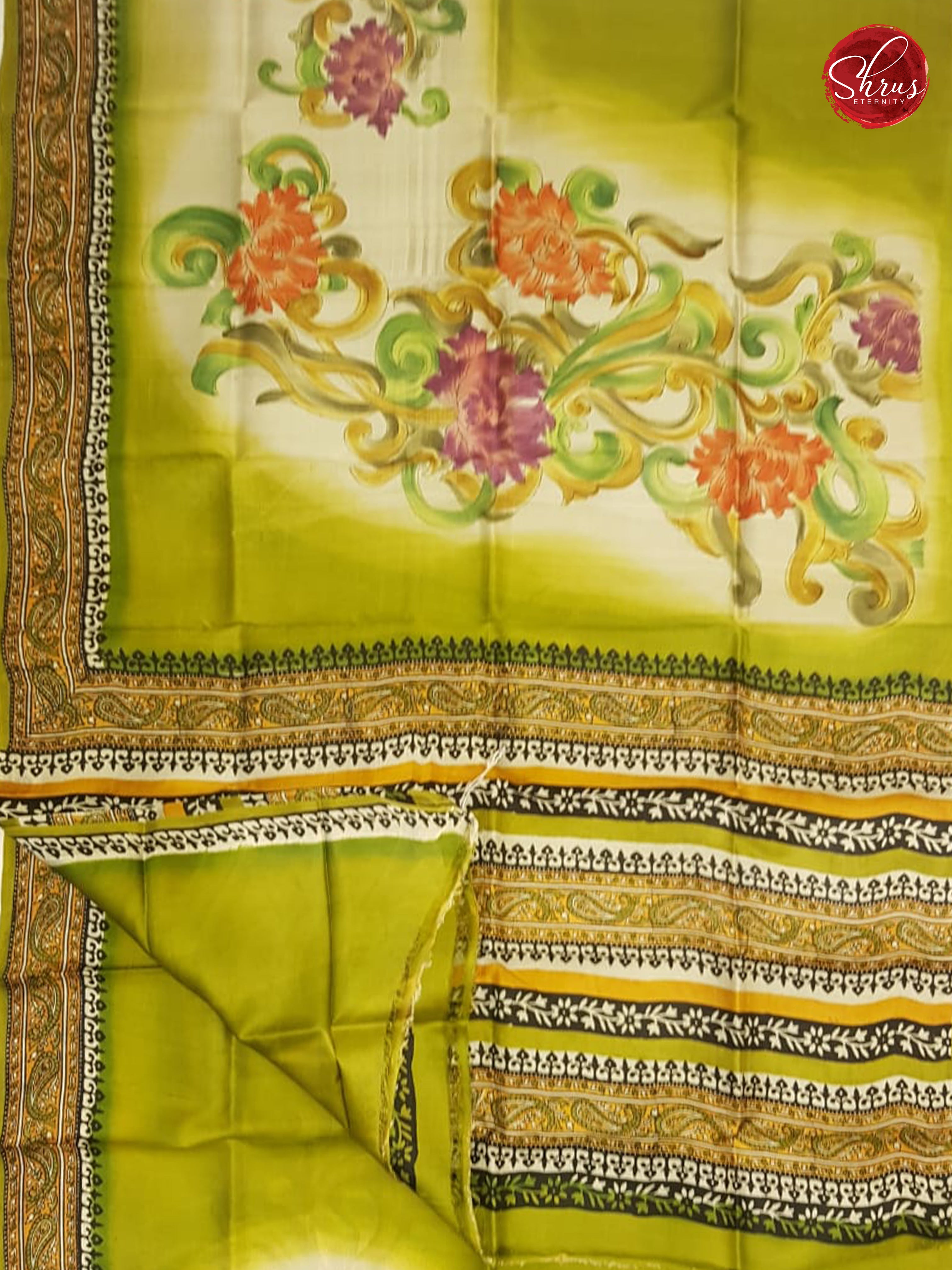 Green & Cream - Murshidabad Silk with Hand Paint - Shop on ShrusEternity.com