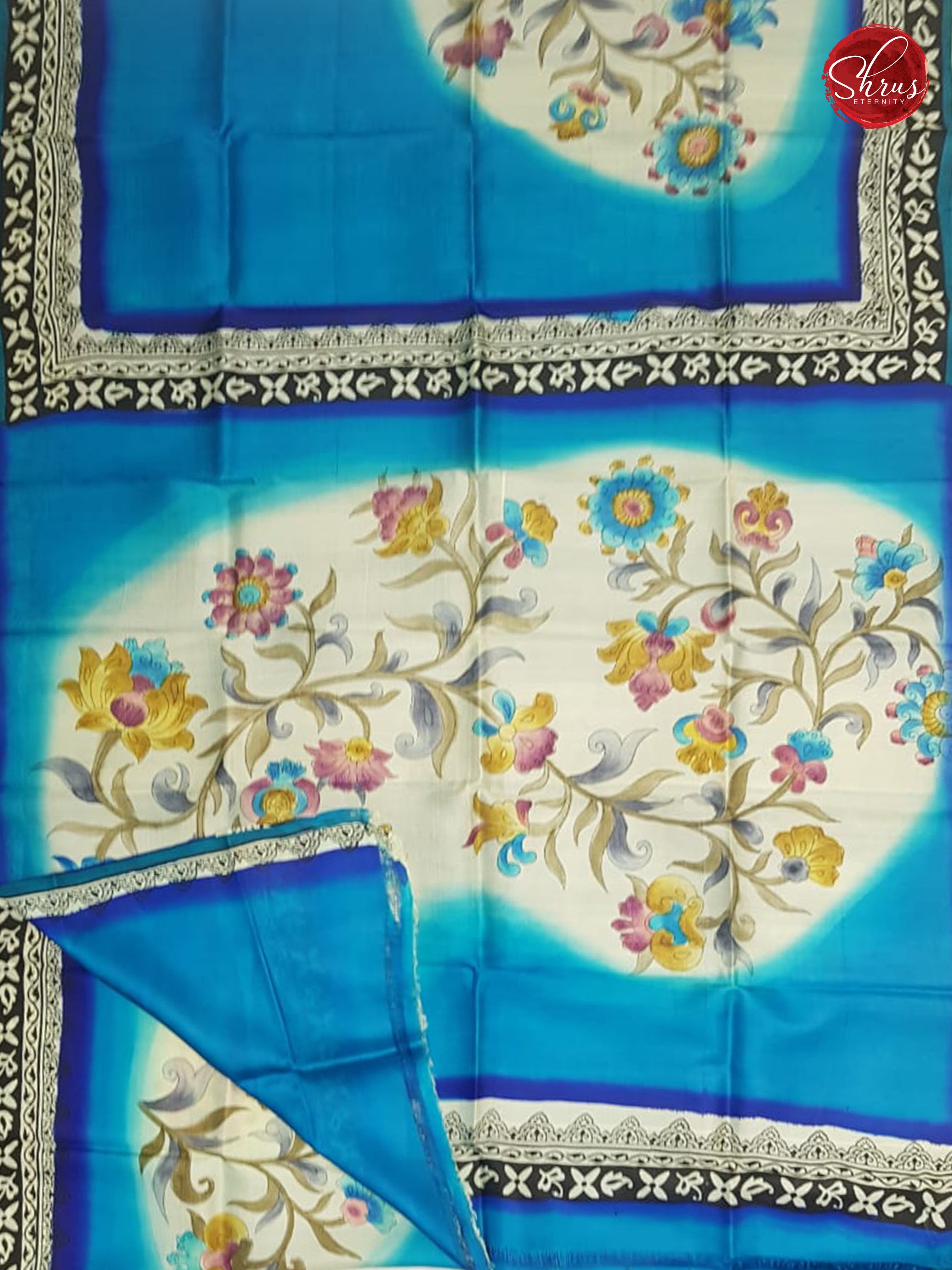 Blue & White - Murshidabad Silk with Hand Paint - Shop on ShrusEternity.com