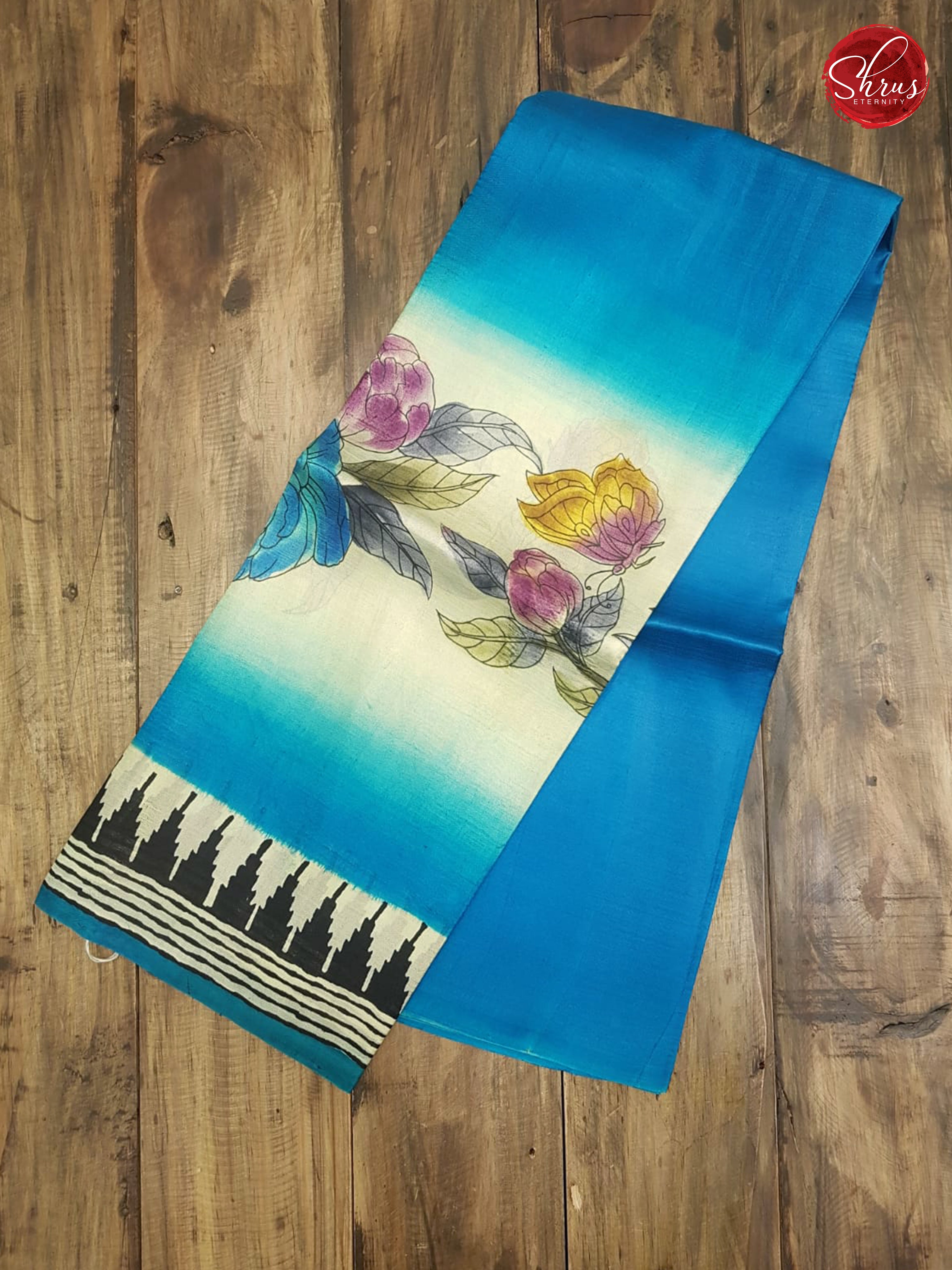 Blue & White - Murshidabad Silk With Hand Paint - Shop on ShrusEternity.com