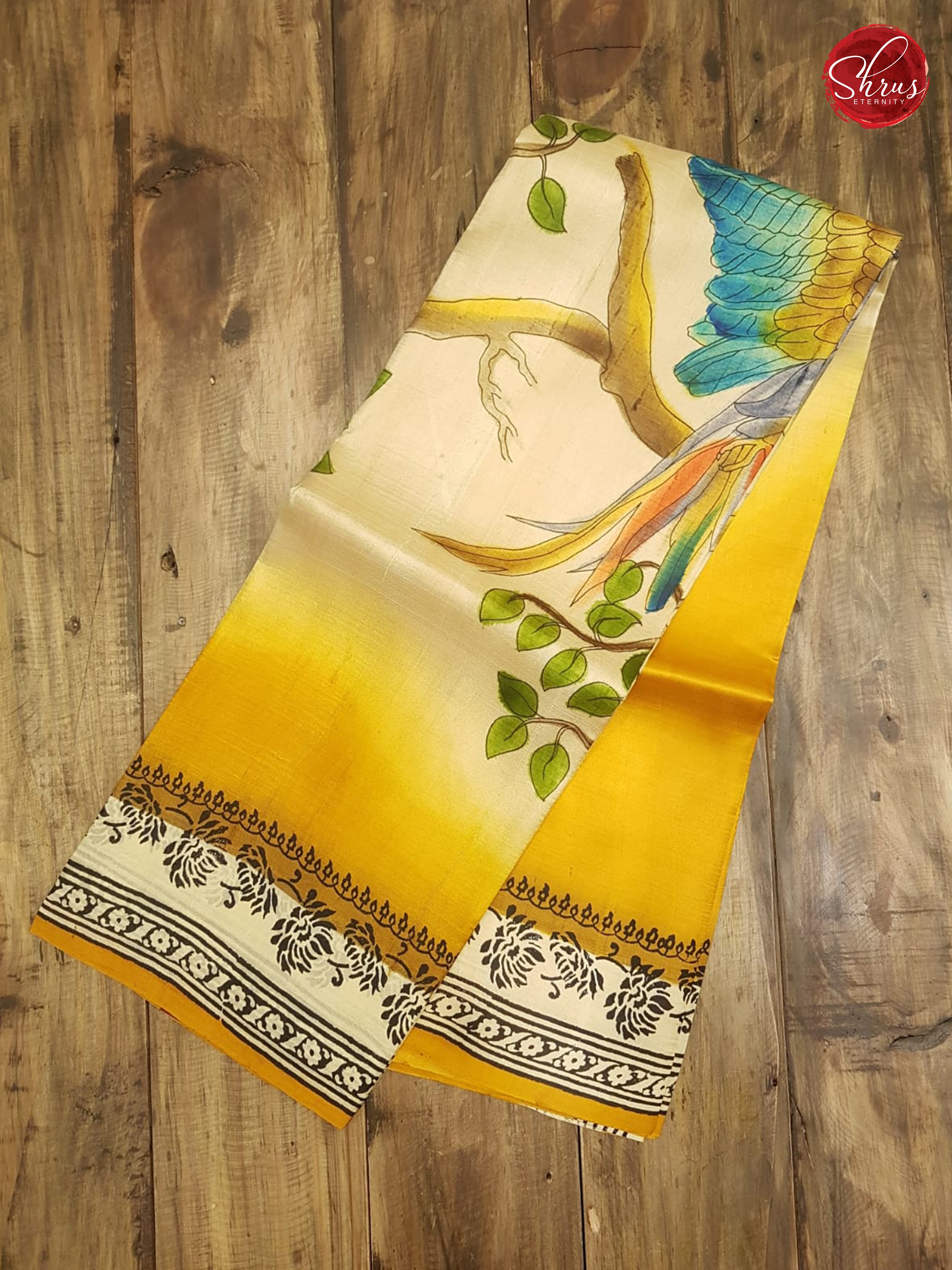 Mustard & Cream - Murshidabad Silk with Hand Paint - Shop on ShrusEternity.com