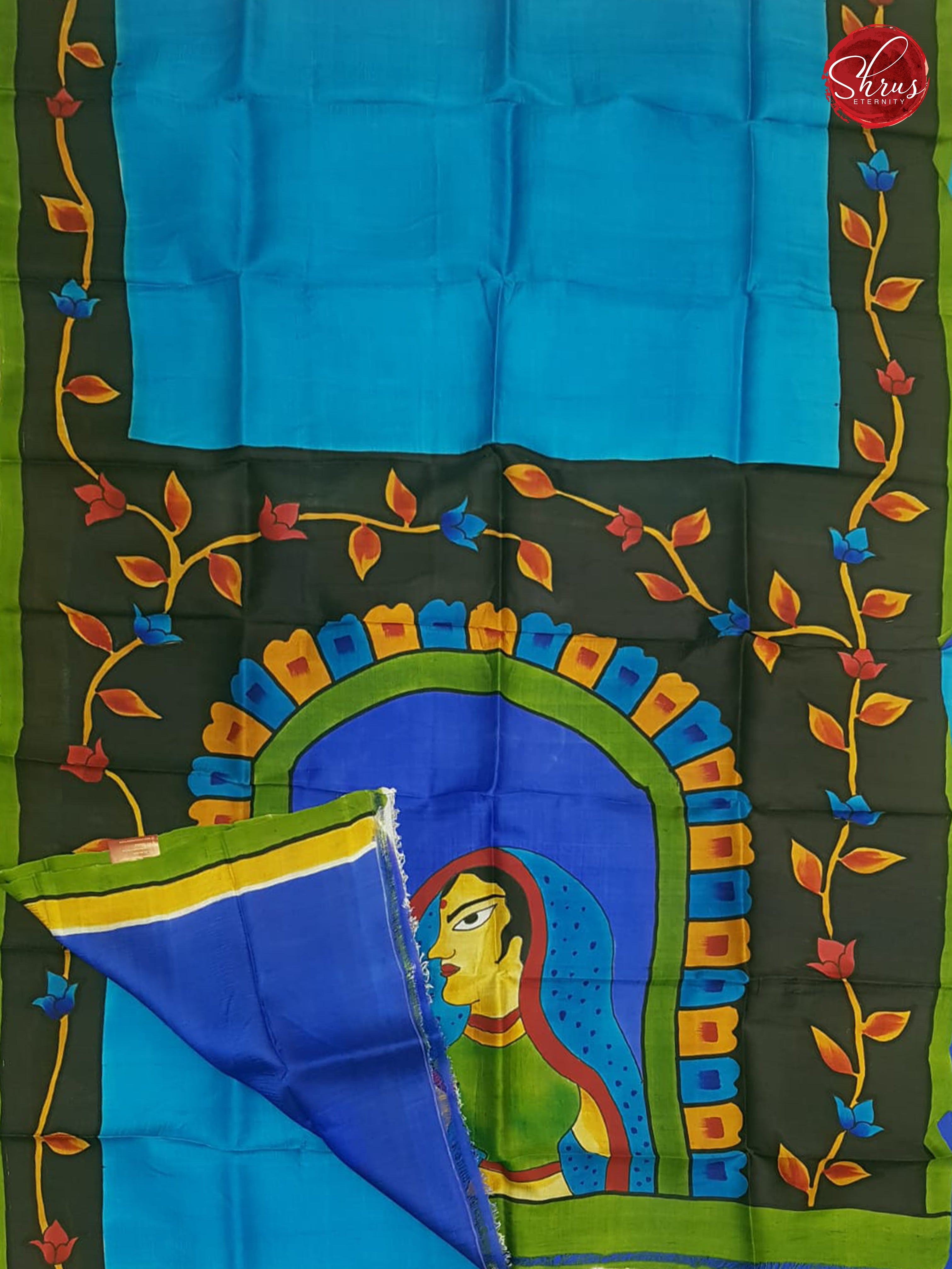Blue & CharCoal - Murshidabad Silk with Hand Paint - Shop on ShrusEternity.com