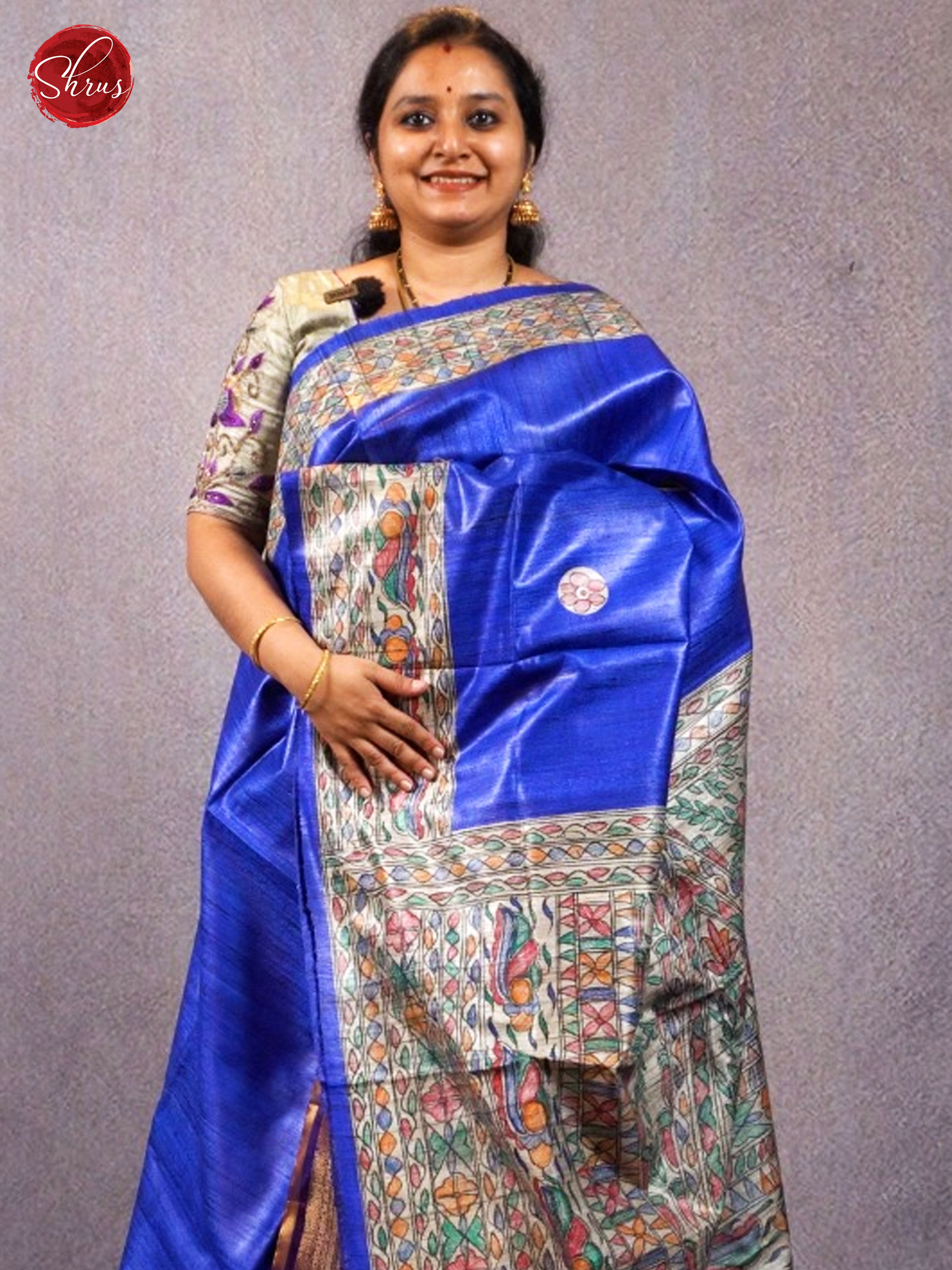 Blue& Cream Tussar with Madhubani paint border & Pallu - Shop on ShrusEternity.com