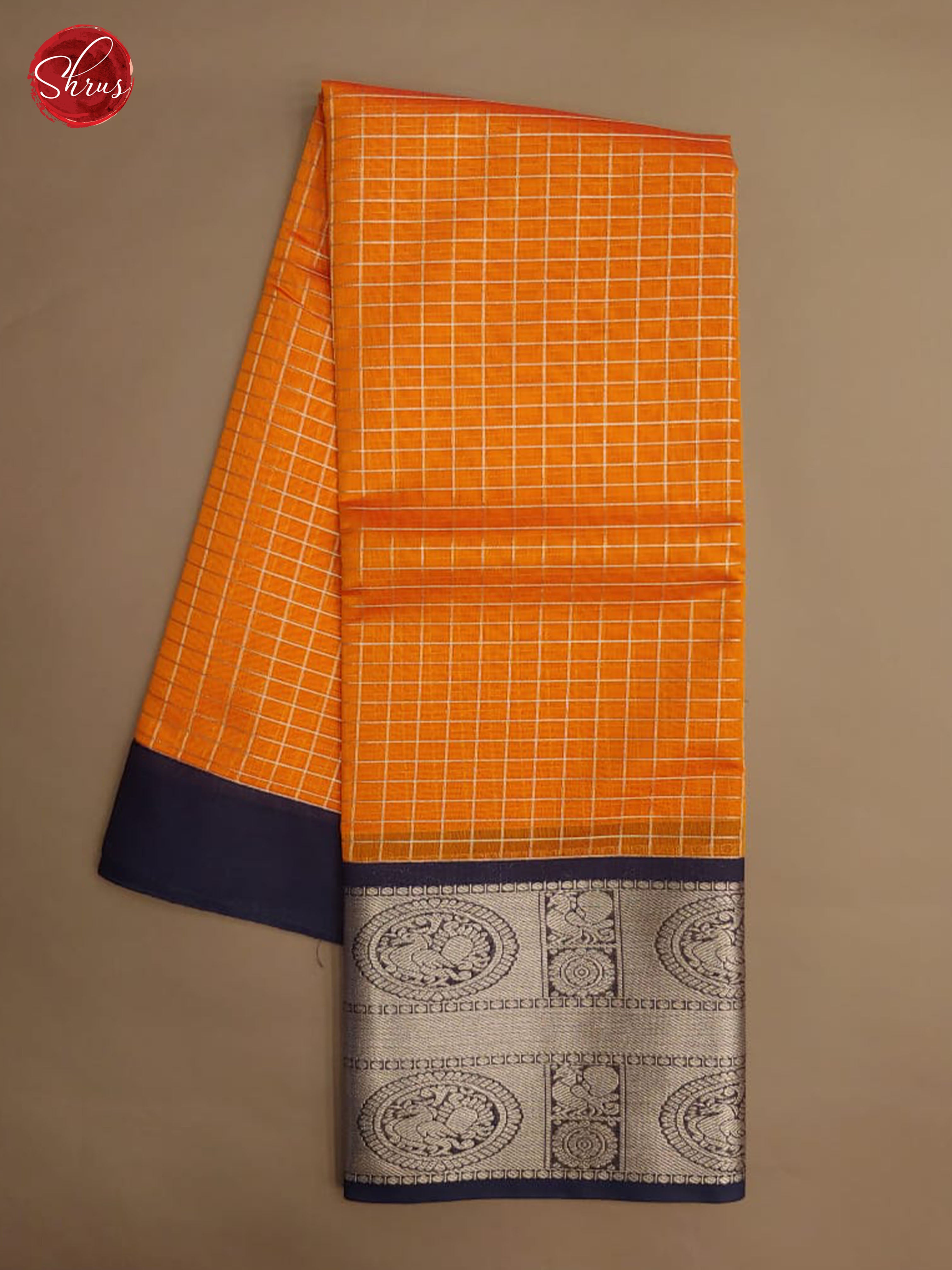 Orange & Blue - Kora Cotton Silk with Gold Zari Border - Shop on ShrusEternity.com