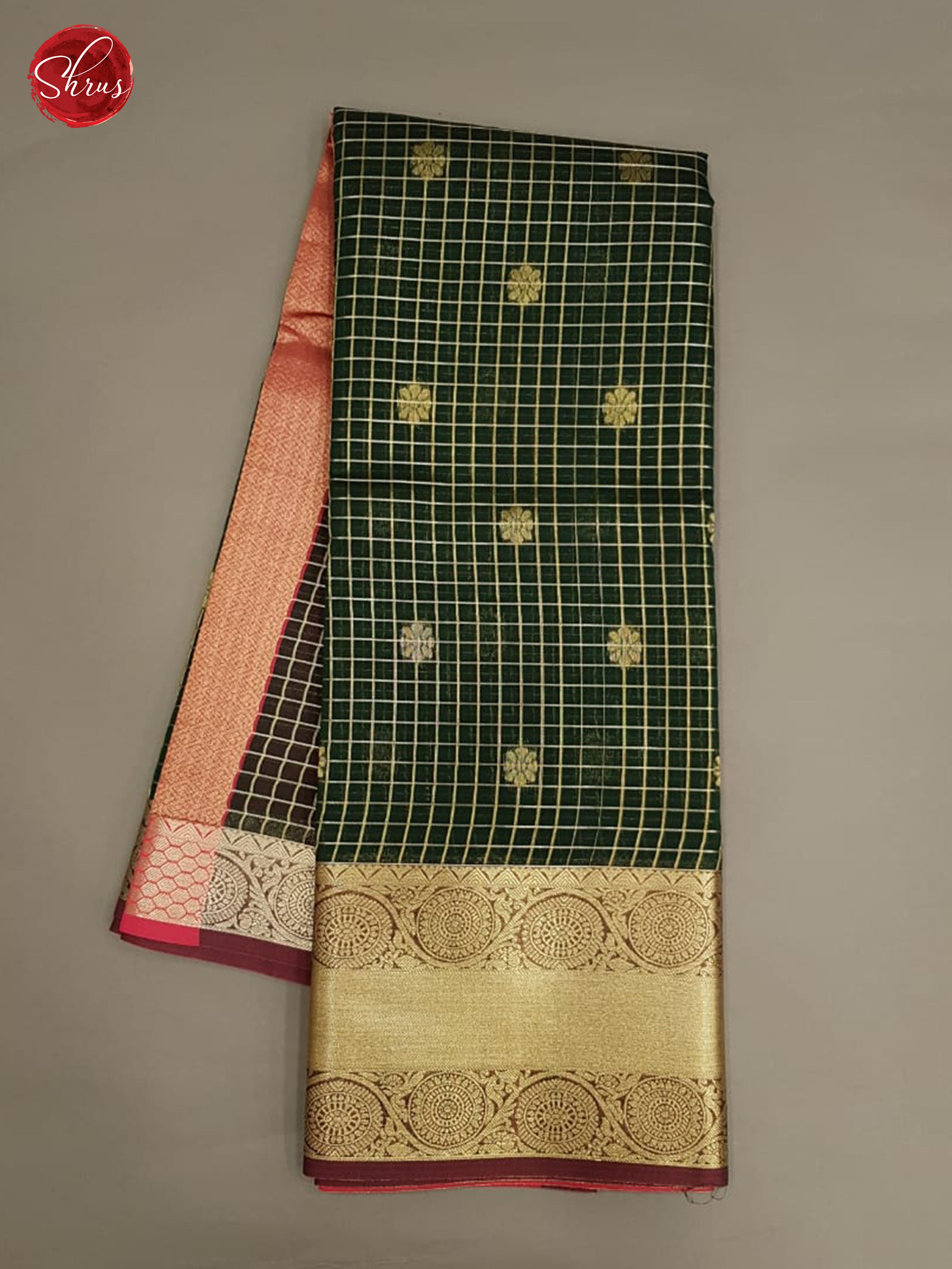 Bottle Green & Pink - Kora Cotton Silk with Gold zari Border - Shop on ShrusEternity.com