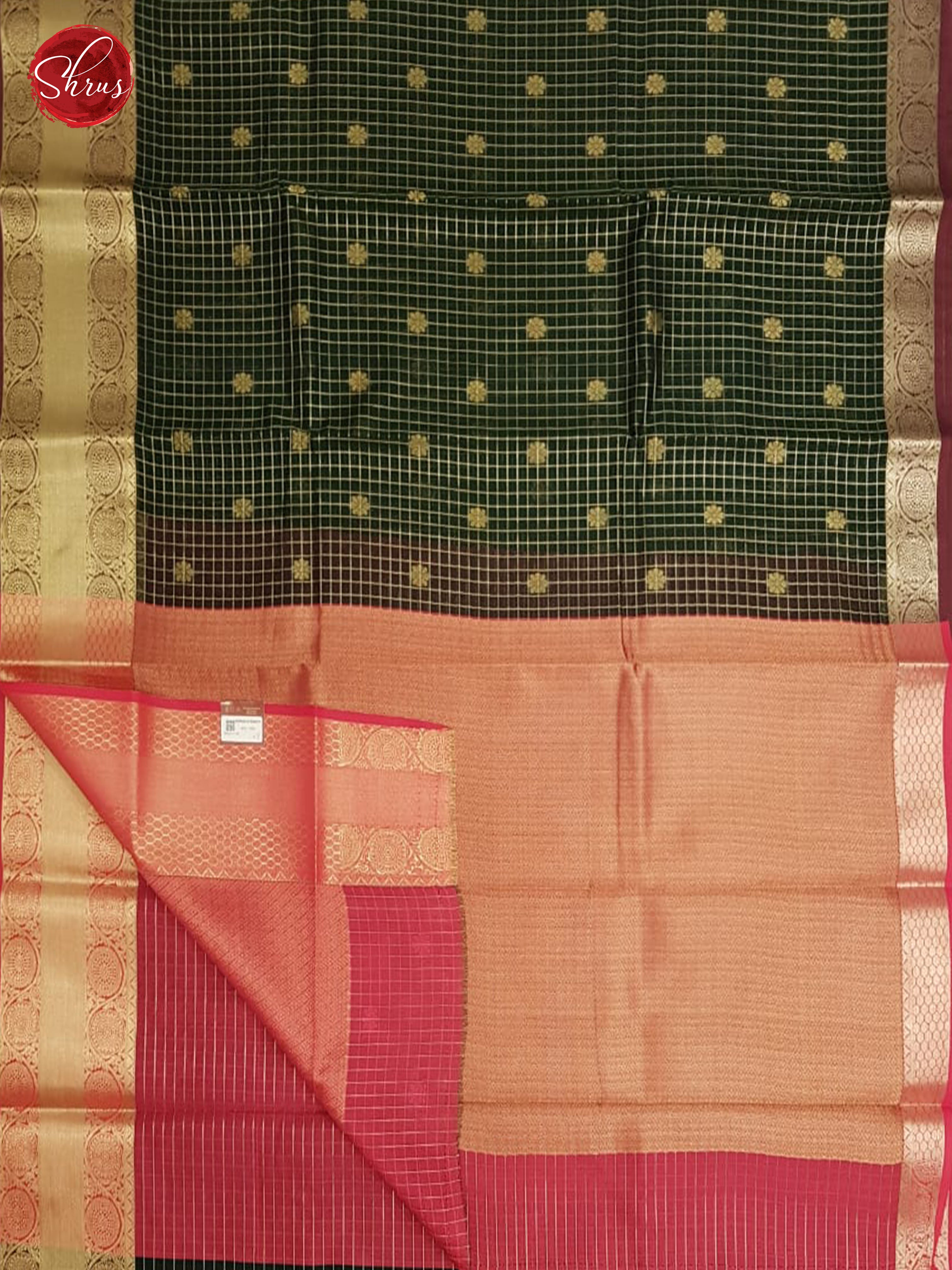 Bottle Green & Pink - Kora Cotton Silk with Gold zari Border - Shop on ShrusEternity.com