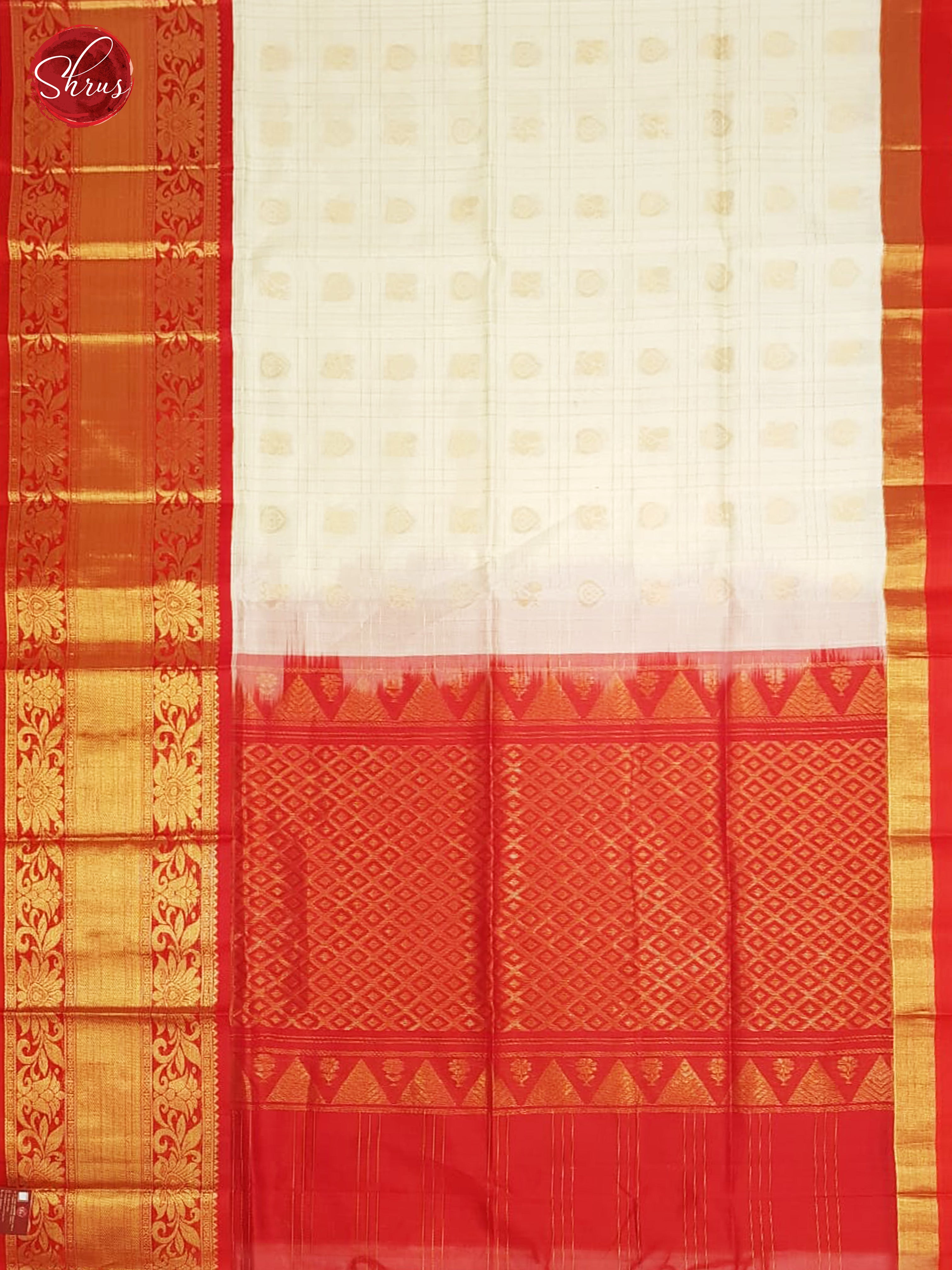 Cream & Red - Silk Cotton with Border & Gold Zari - Shop on ShrusEternity.com