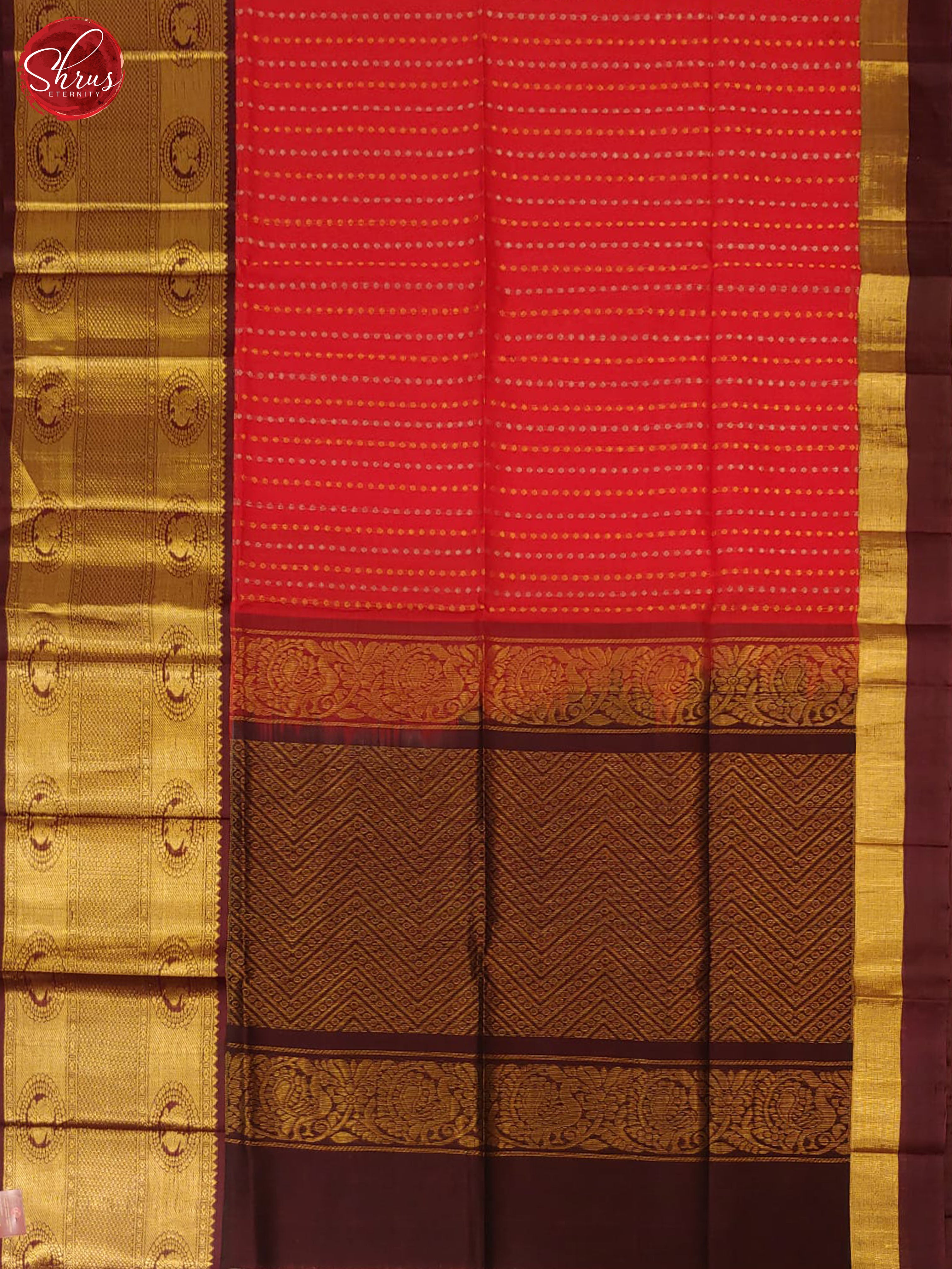 Red & Coffee Brown - Silk Cotton with Border & Gold , silver zari - Shop on ShrusEternity.com