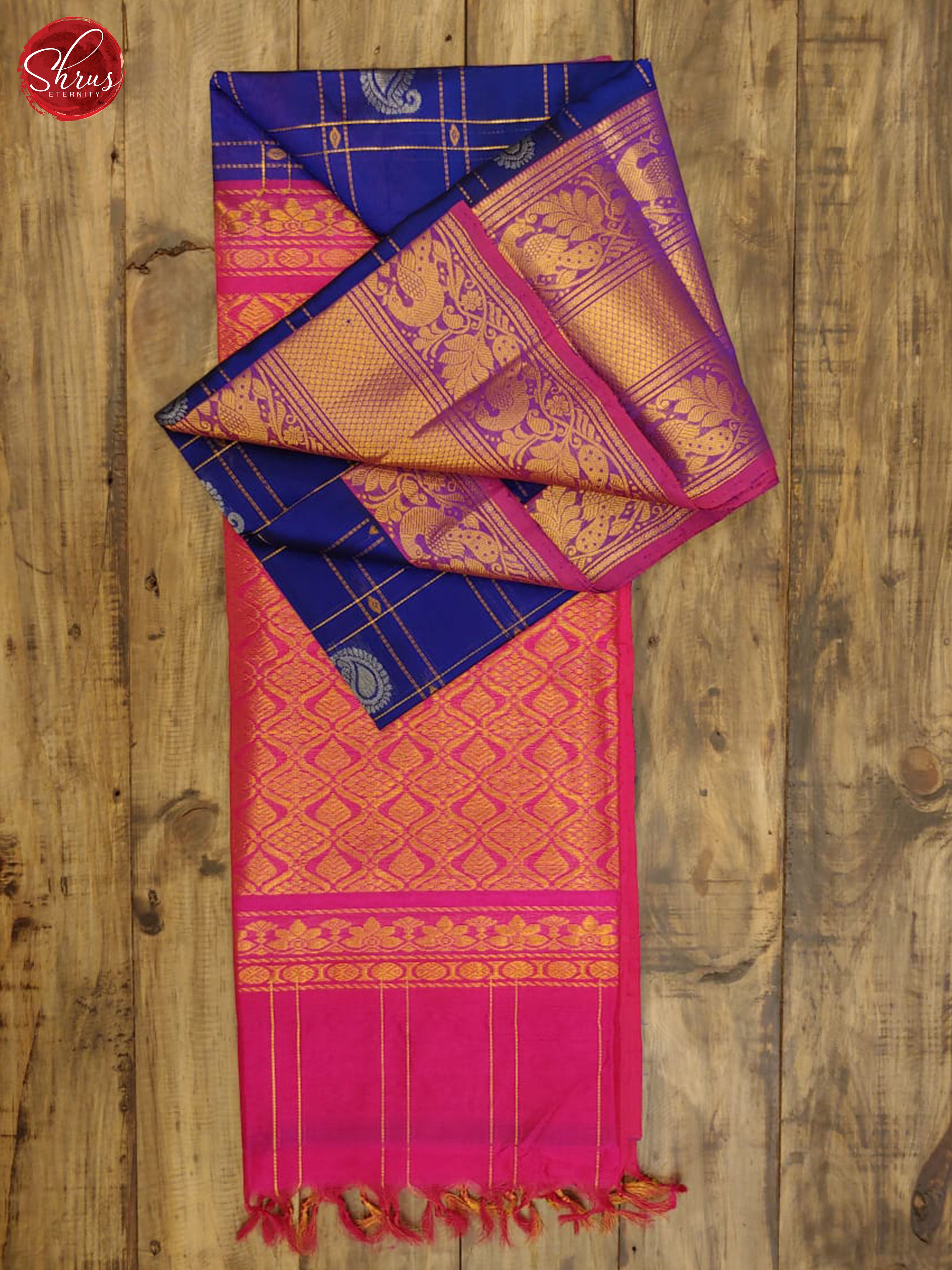 Dark Blue & Majenta Pink - Silk Cotton with Gold , Silver zari & Border - Shop on ShrusEternity.com