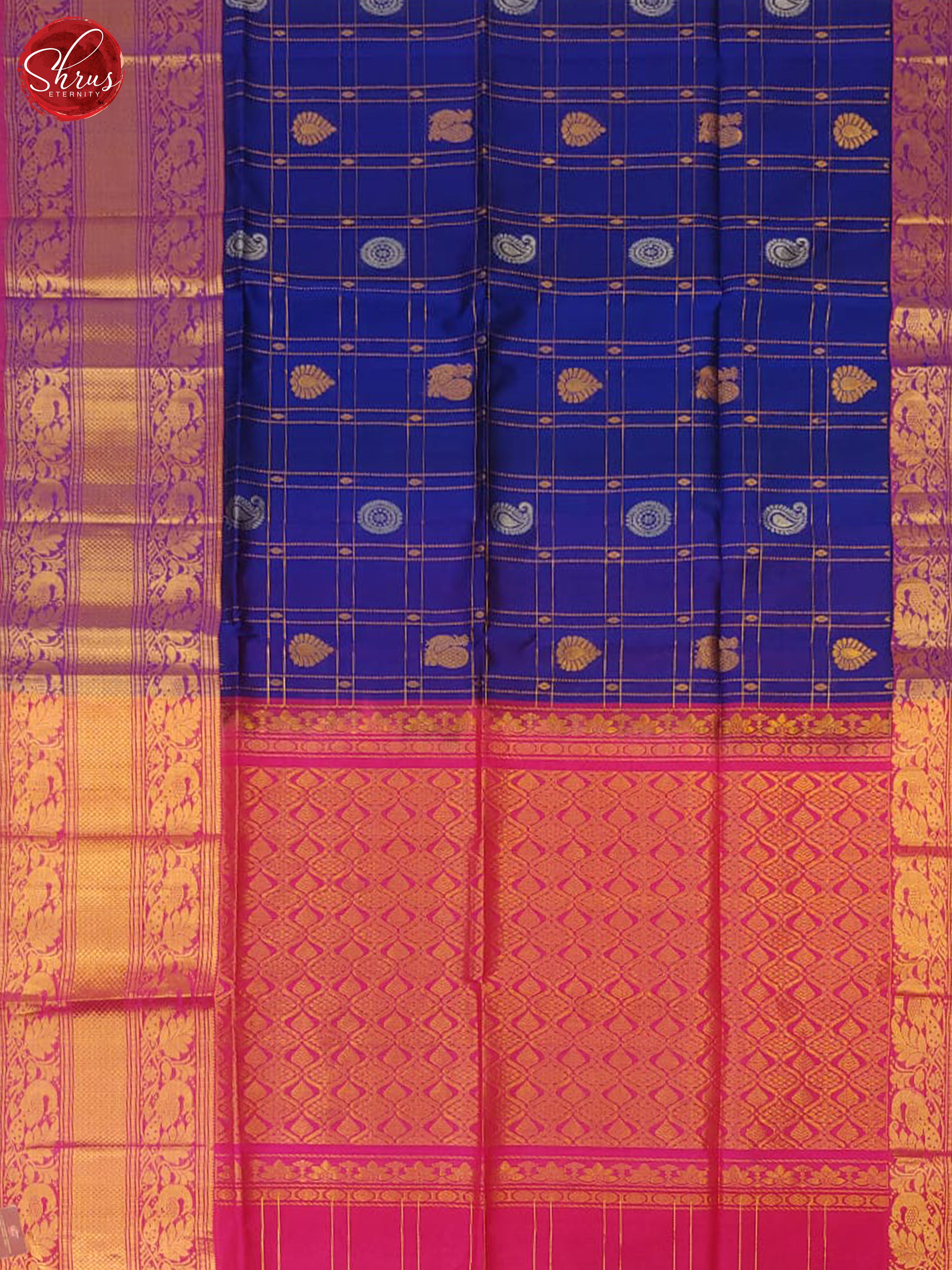 Dark Blue & Majenta Pink - Silk Cotton with Gold , Silver zari & Border - Shop on ShrusEternity.com