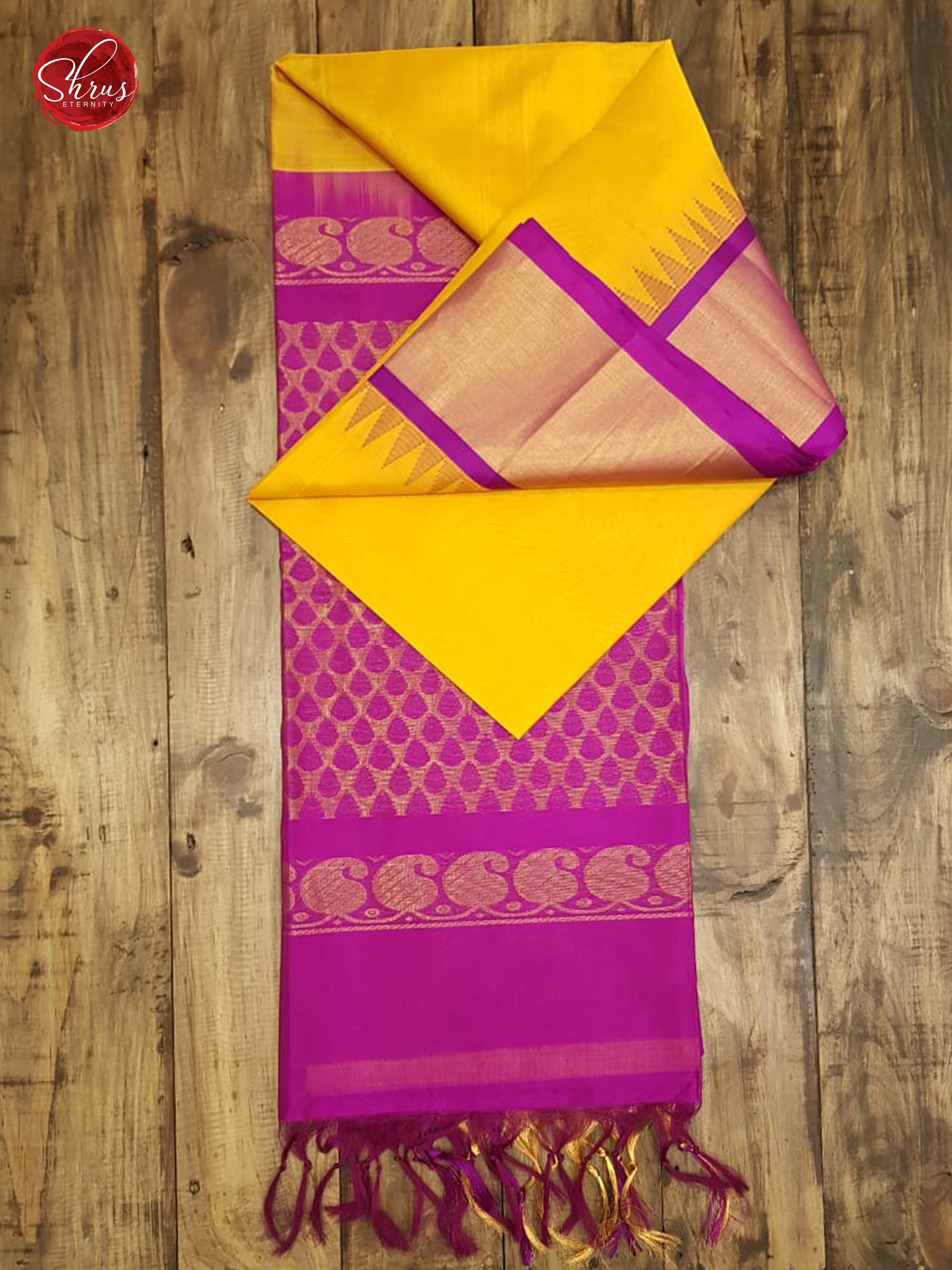 Yellow & Majenta Pink - Silk Cotton with Gold Zari & Border - Shop on ShrusEternity.com