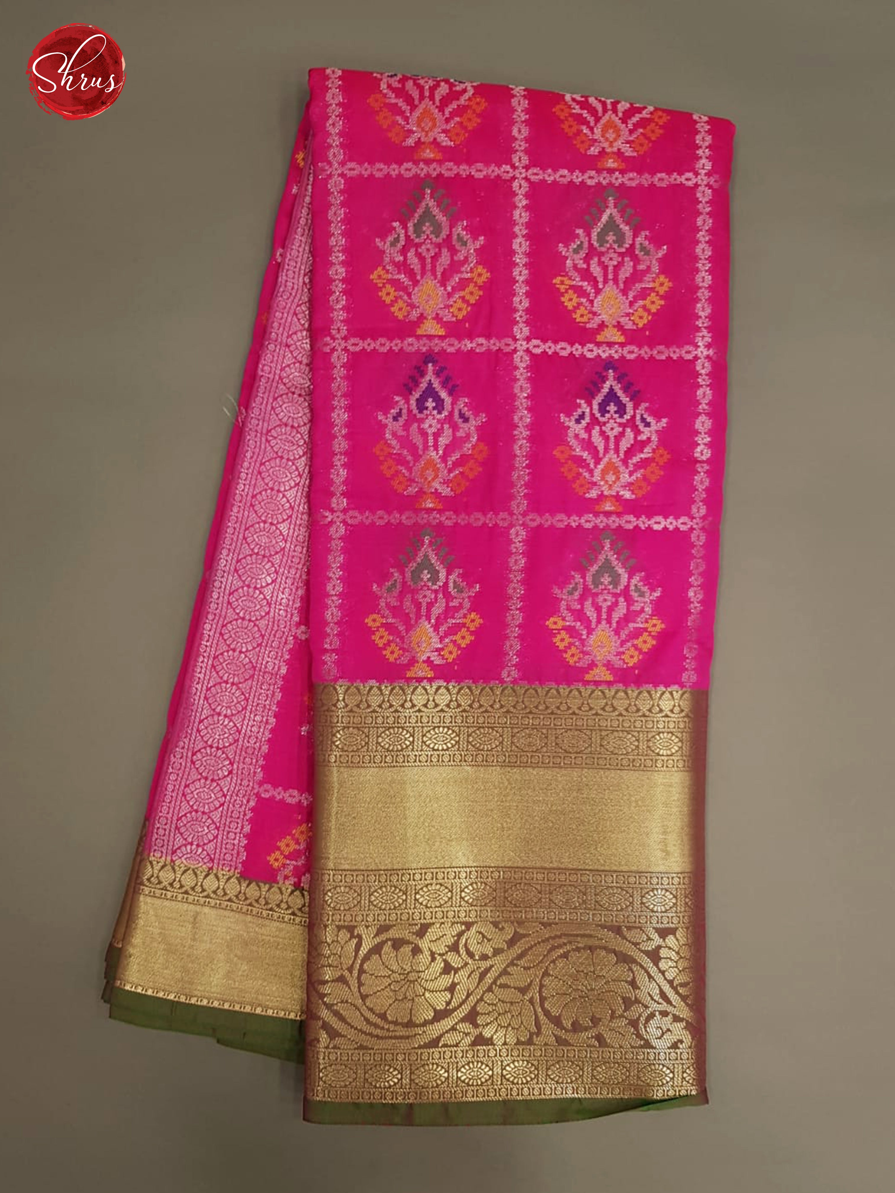 Pink & Green - Semi Banarasi with Gold zari Border - Shop on ShrusEternity.com