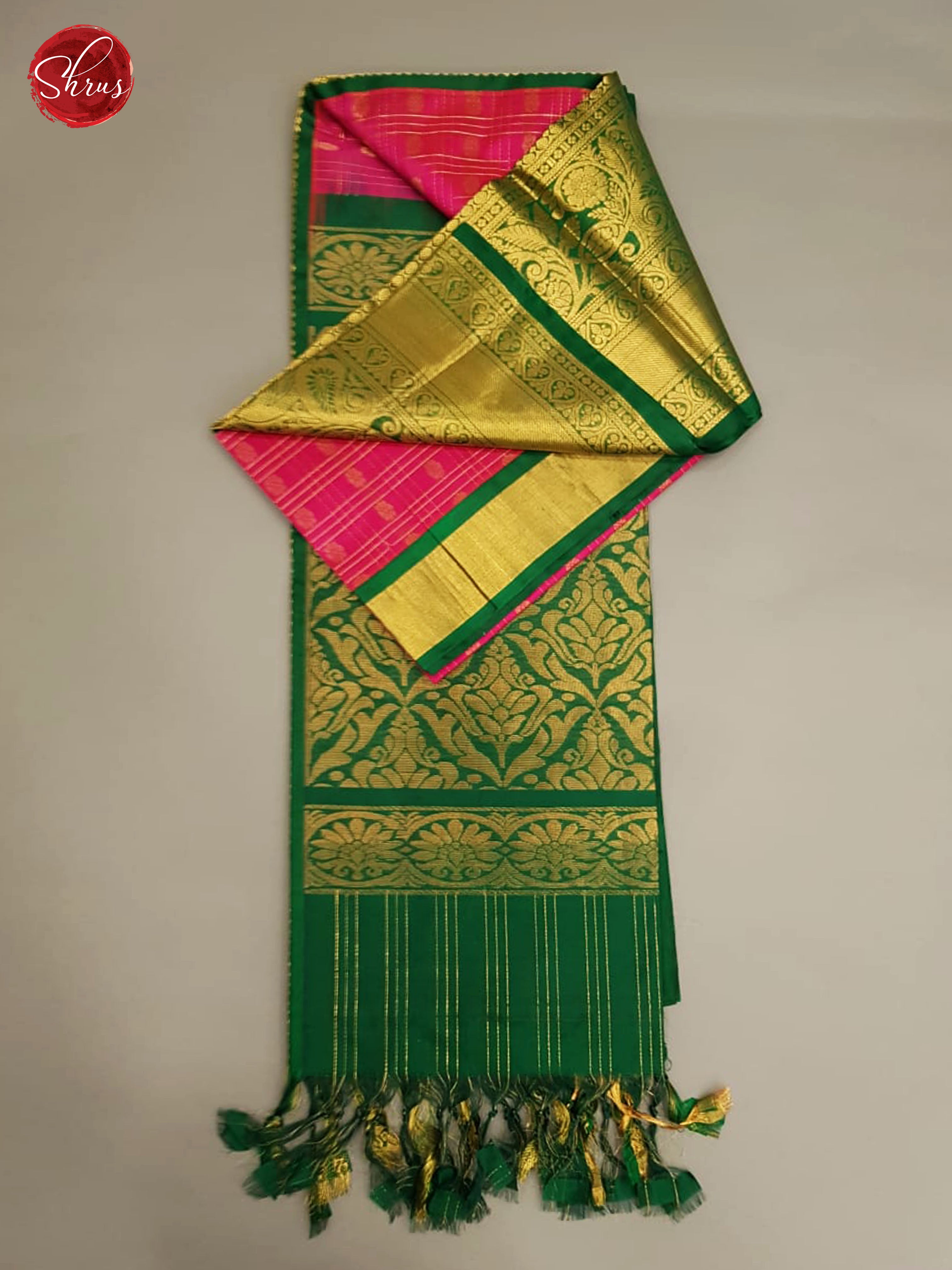 Pink & Green - Silk Cotton with Zari woven Checks , floral motifs on the body & Gold Zari Border - Shop on ShrusEternity.com