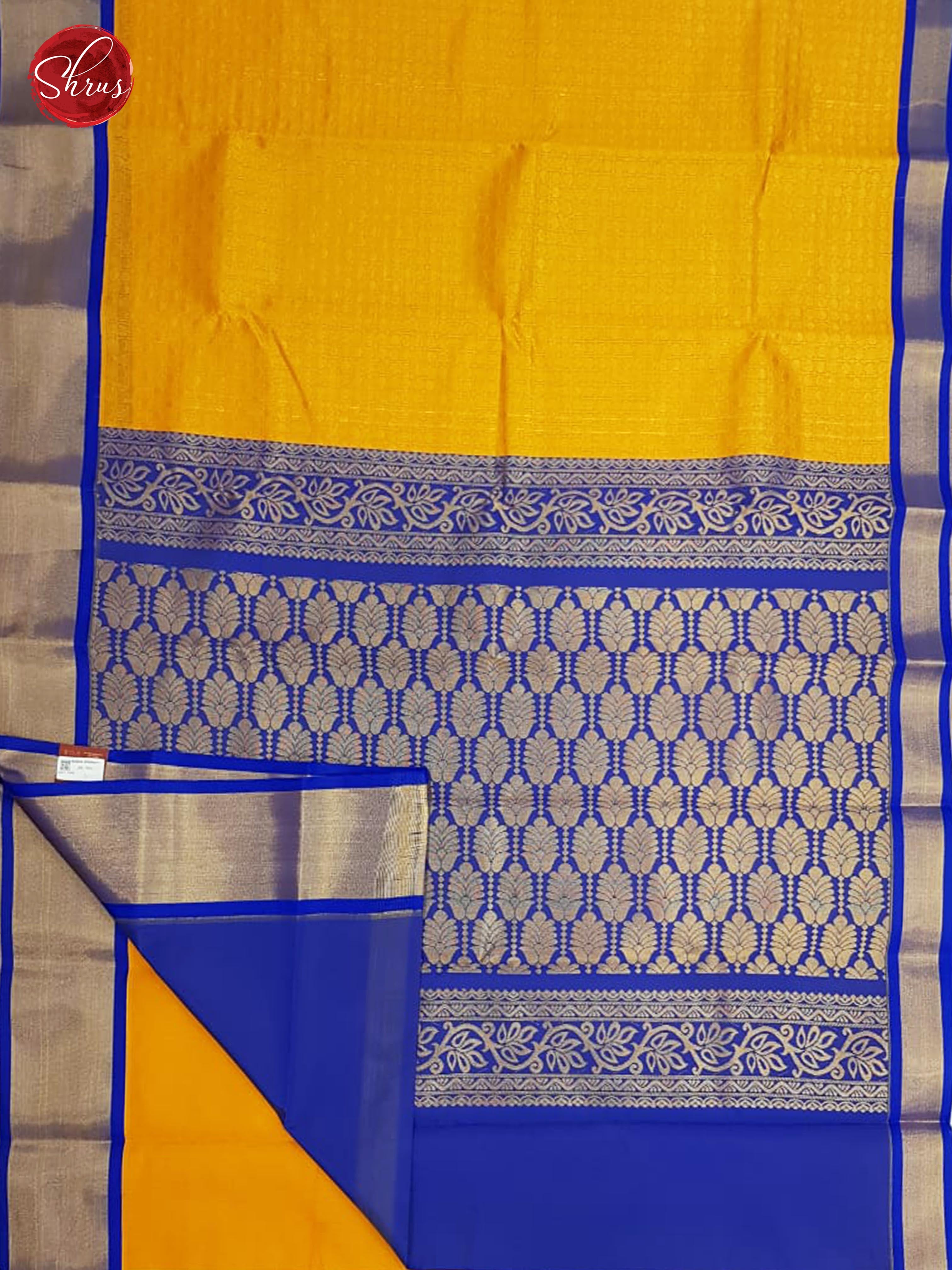 Mambala Yellow & Blue - Semi Kuppadam with Gold Zari Border - Shop on ShrusEternity.com