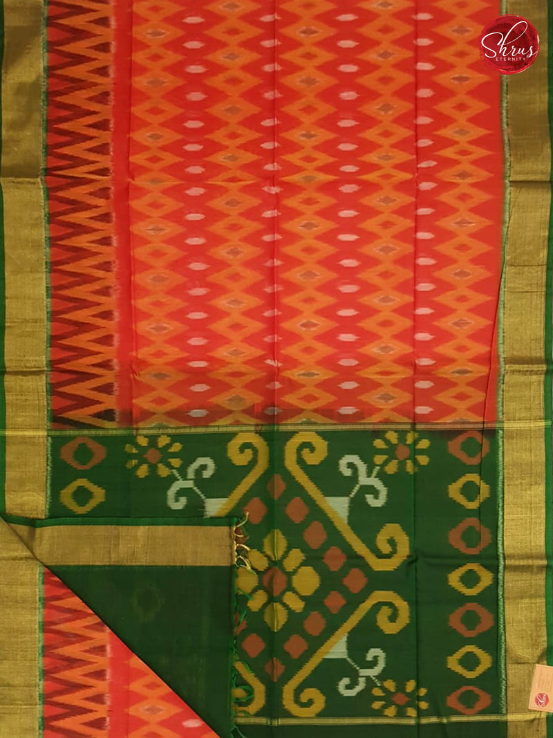 Orangish red & Green - Pochampally Silk Cotton - Shop on ShrusEternity.com