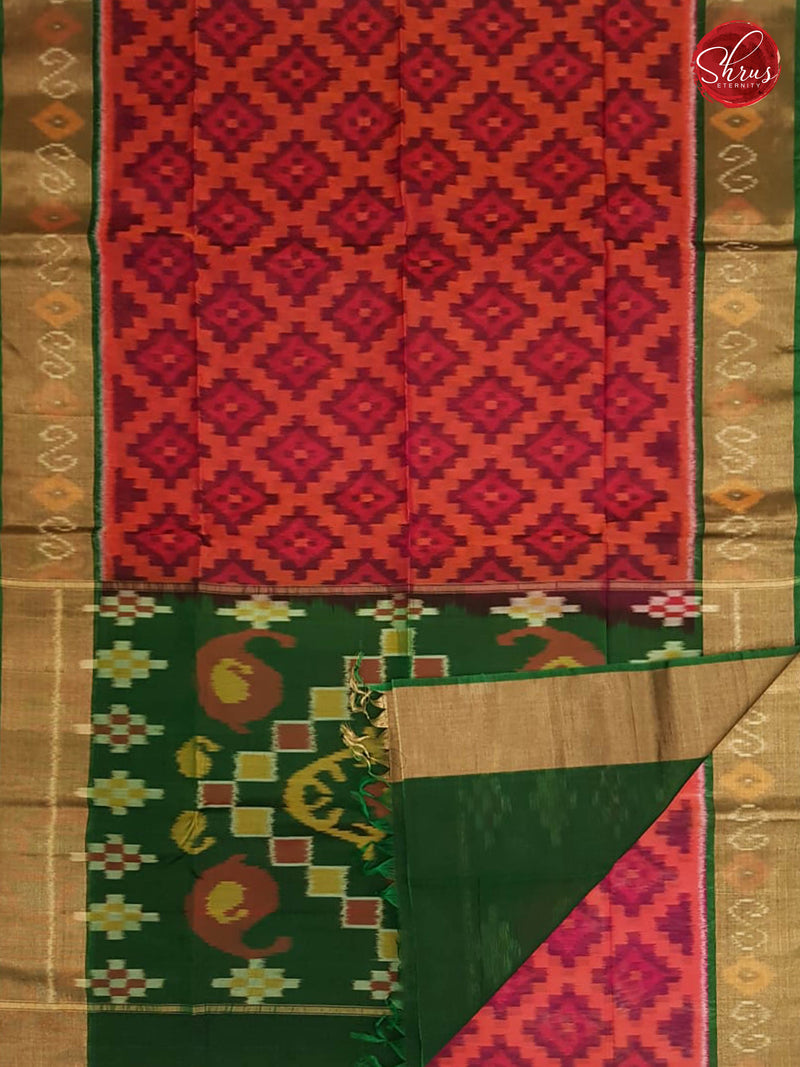 Orangish Pink & Dark Green - Pochampally Silk Cotton - Shop on ShrusEternity.com