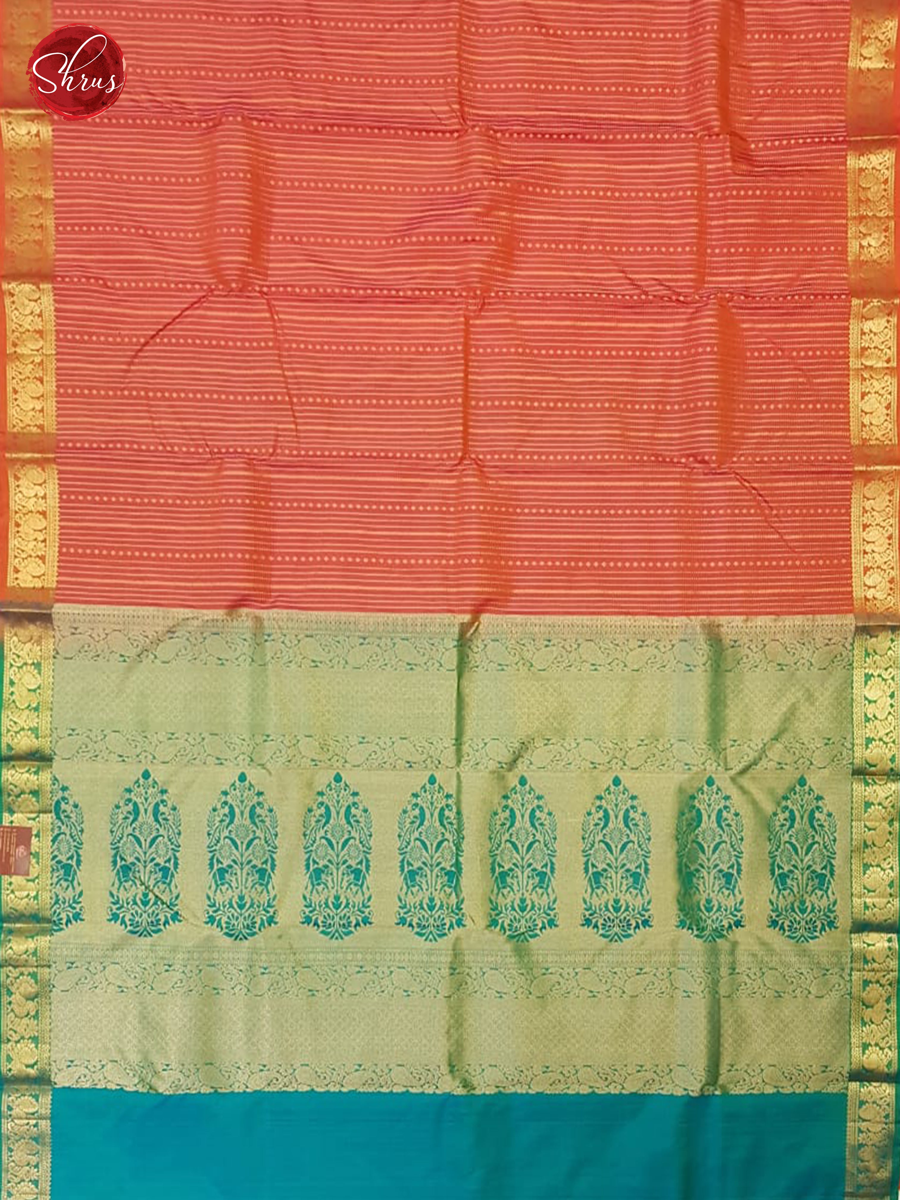 Orangish Pink & Teal Green - Kanchipuram Silk with Border & Gold Zari - Shop on ShrusEternity.com