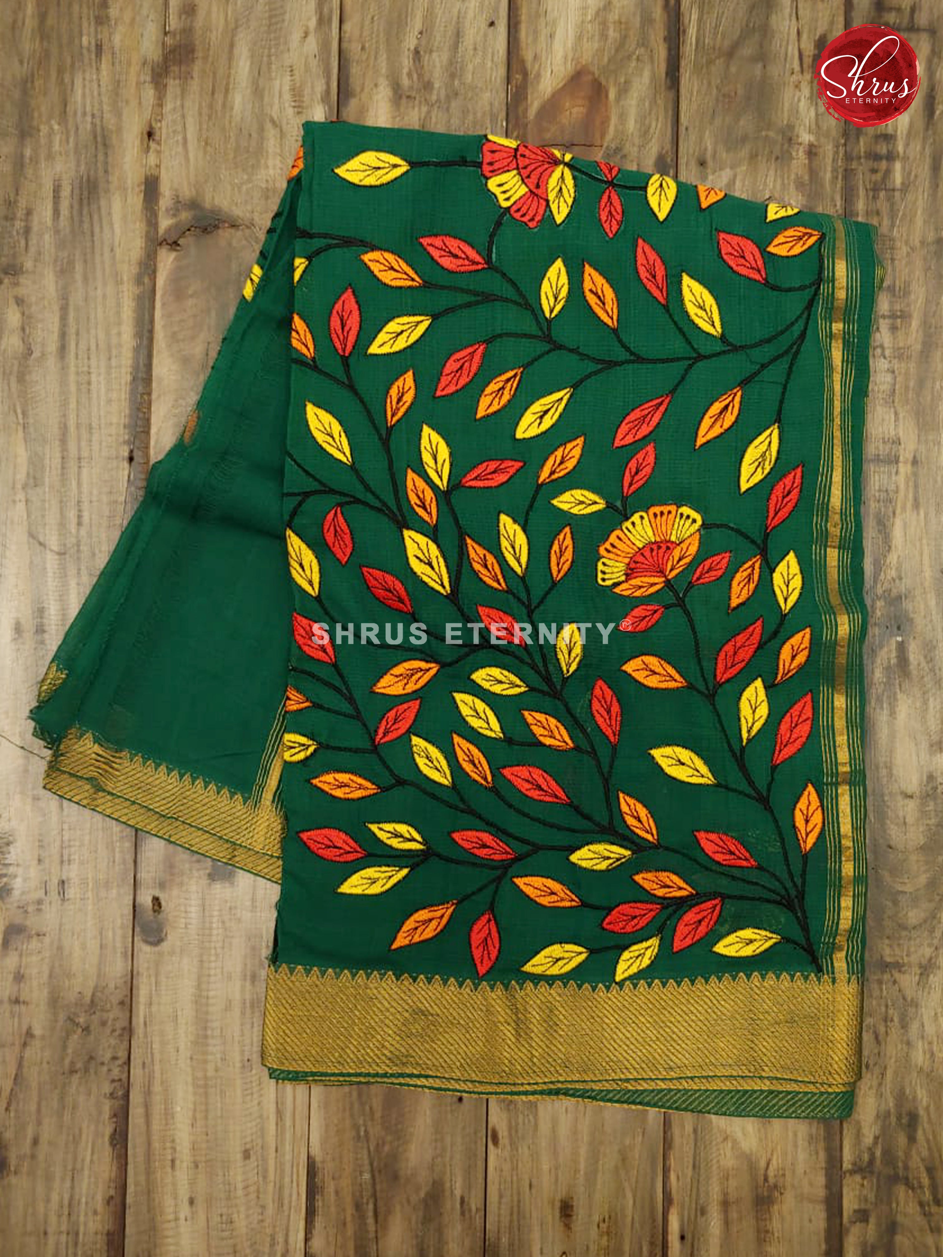 Dark Green(Single Tone) - Maheshwari Cotton (Leaf Embroidery) - Shop on ShrusEternity.com