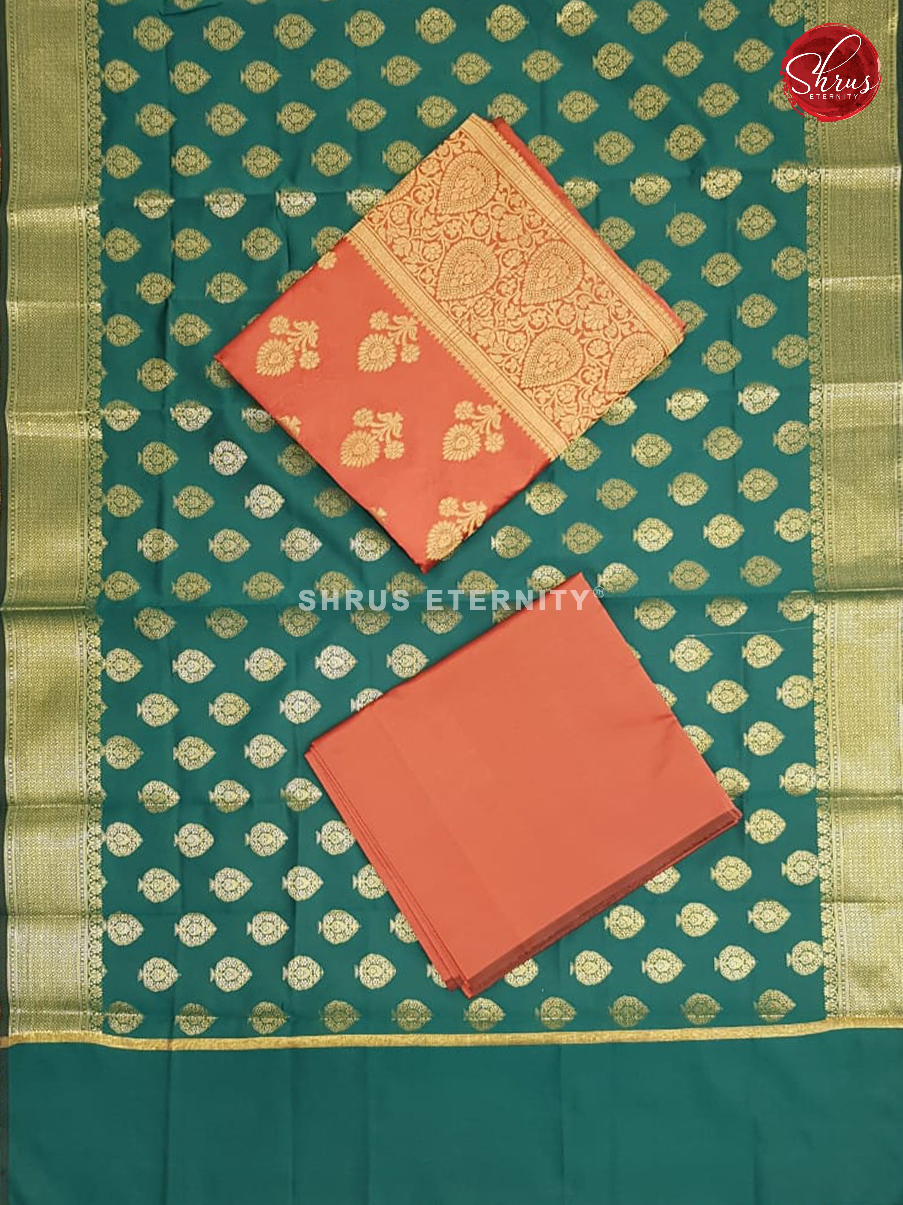 Orangish Pink & Green - Semi Banarasi Suit - Shop on ShrusEternity.com