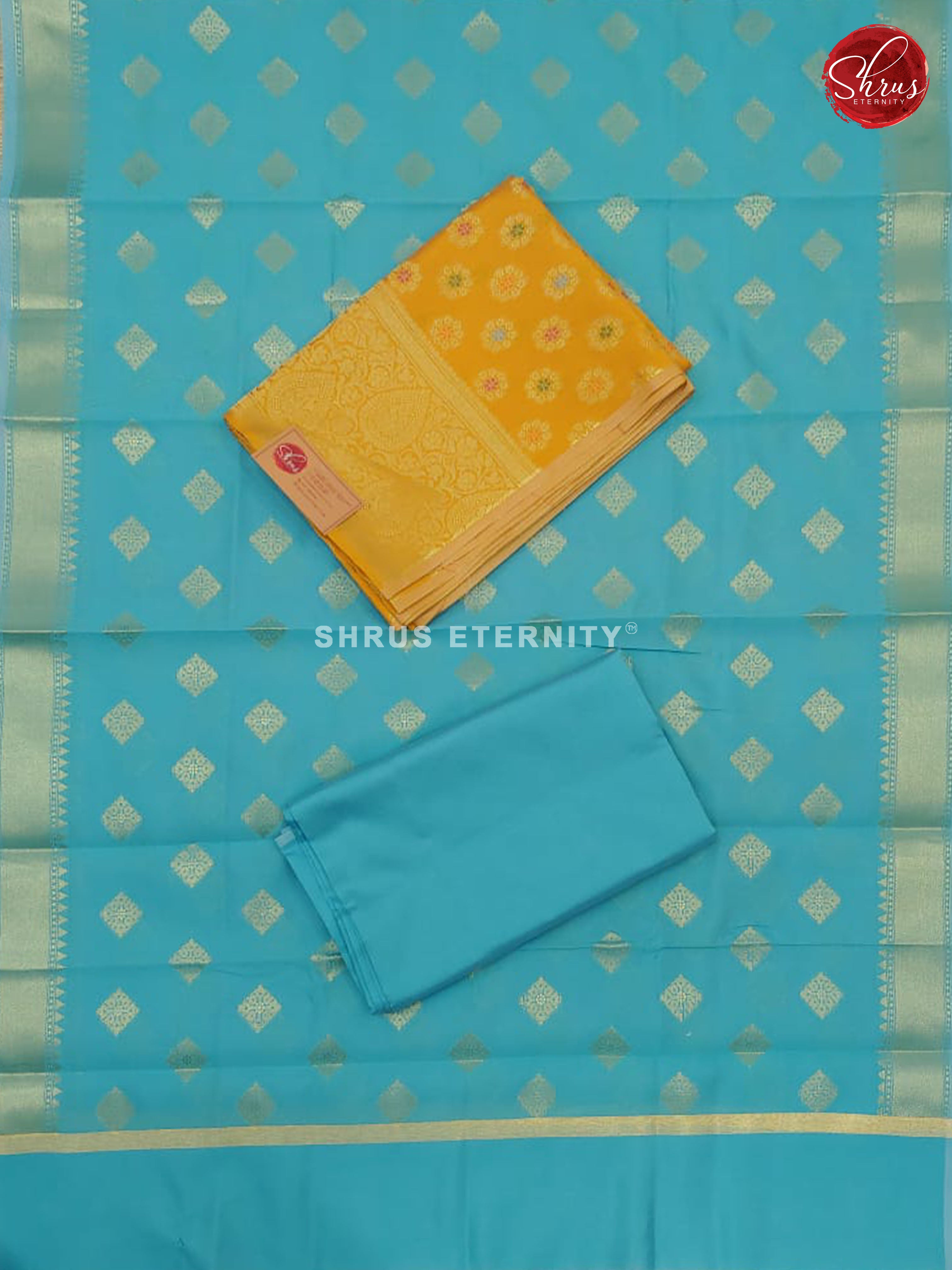Yellow & Blue - Semi Banarasi Suit - Shop on ShrusEternity.com