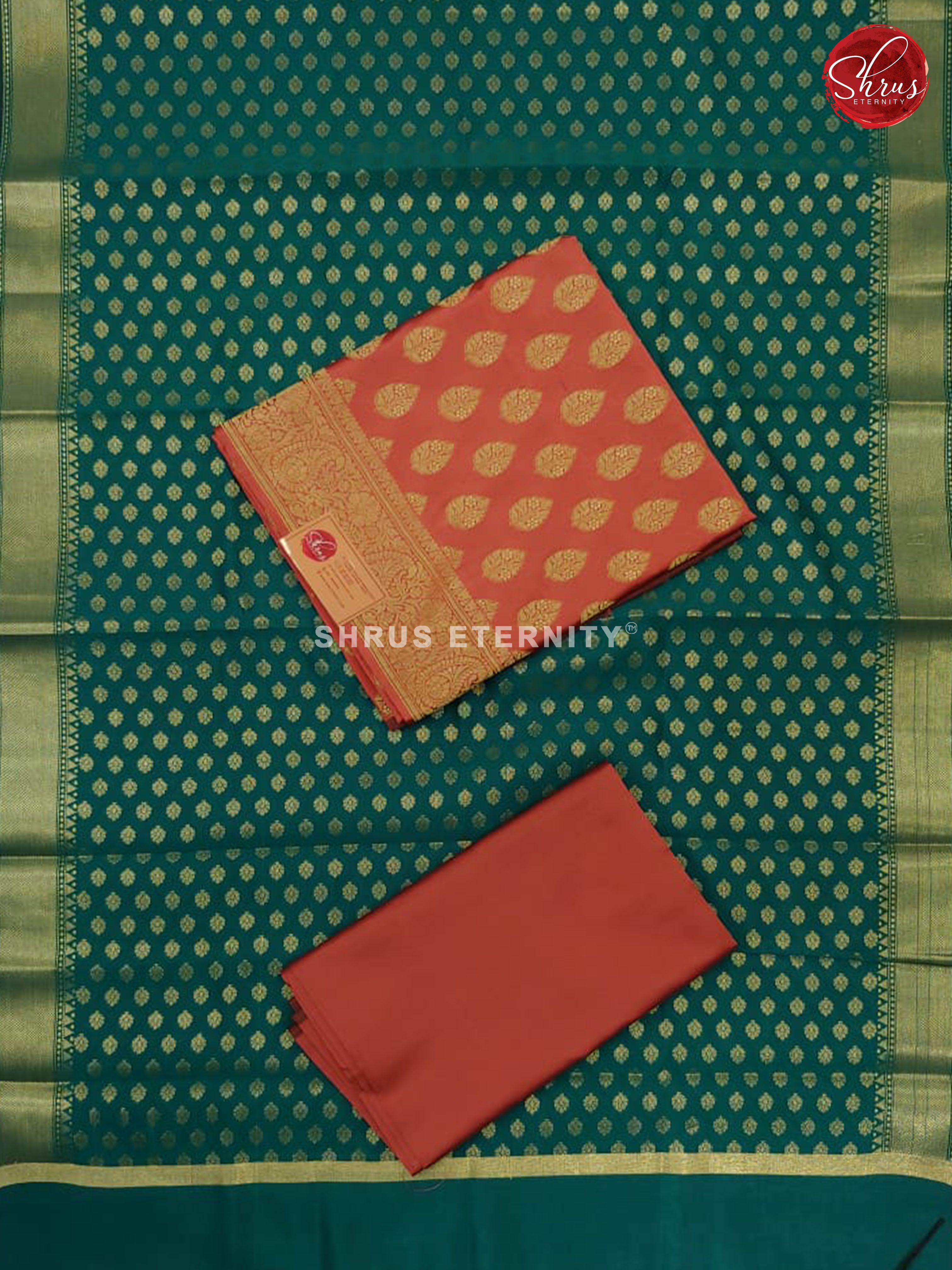 Peach & Dark Green - Semi Banarasi Suit - Shop on ShrusEternity.com