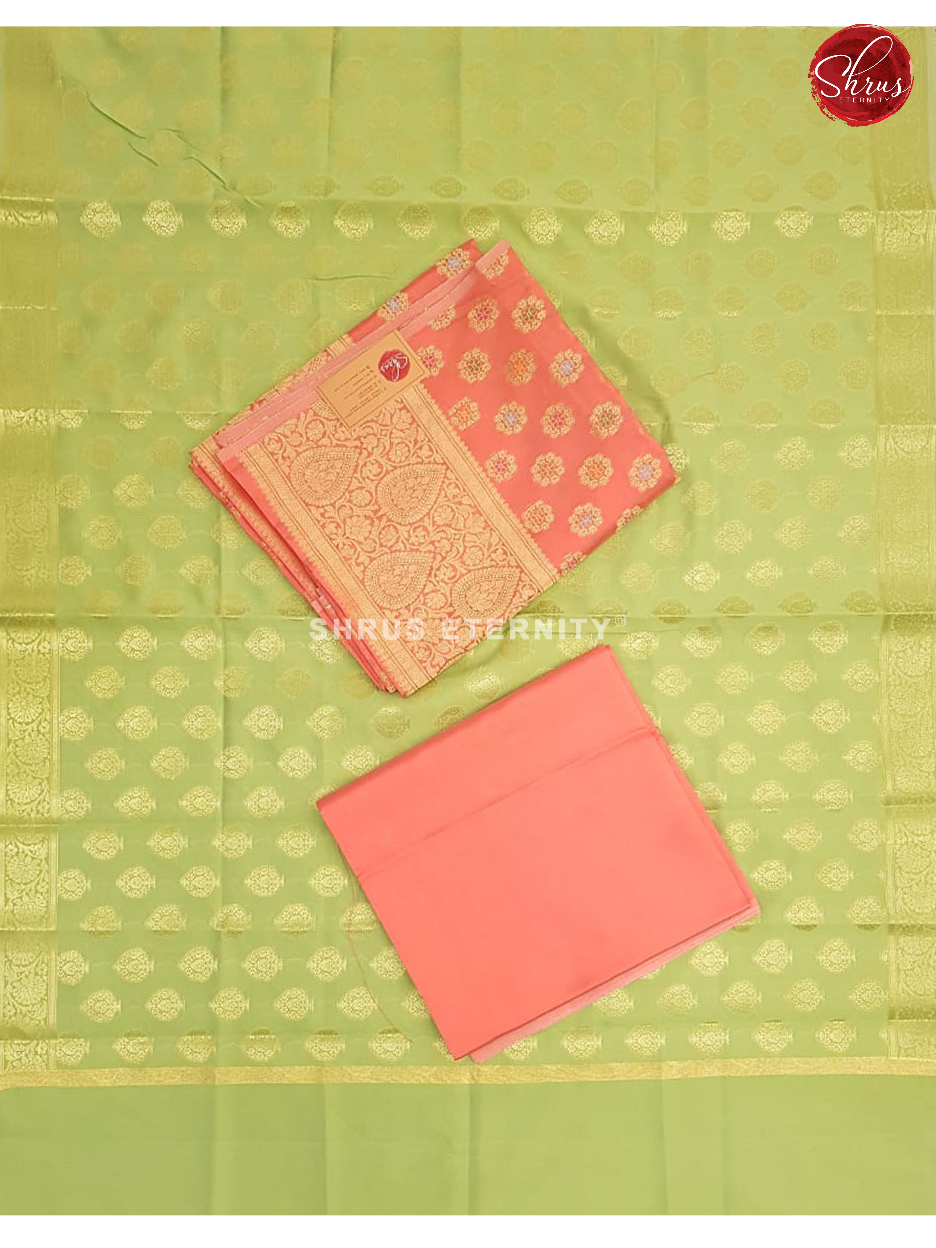 Orangish Pink & Pista Green - Semi Banarasi Suit - Shop on ShrusEternity.com