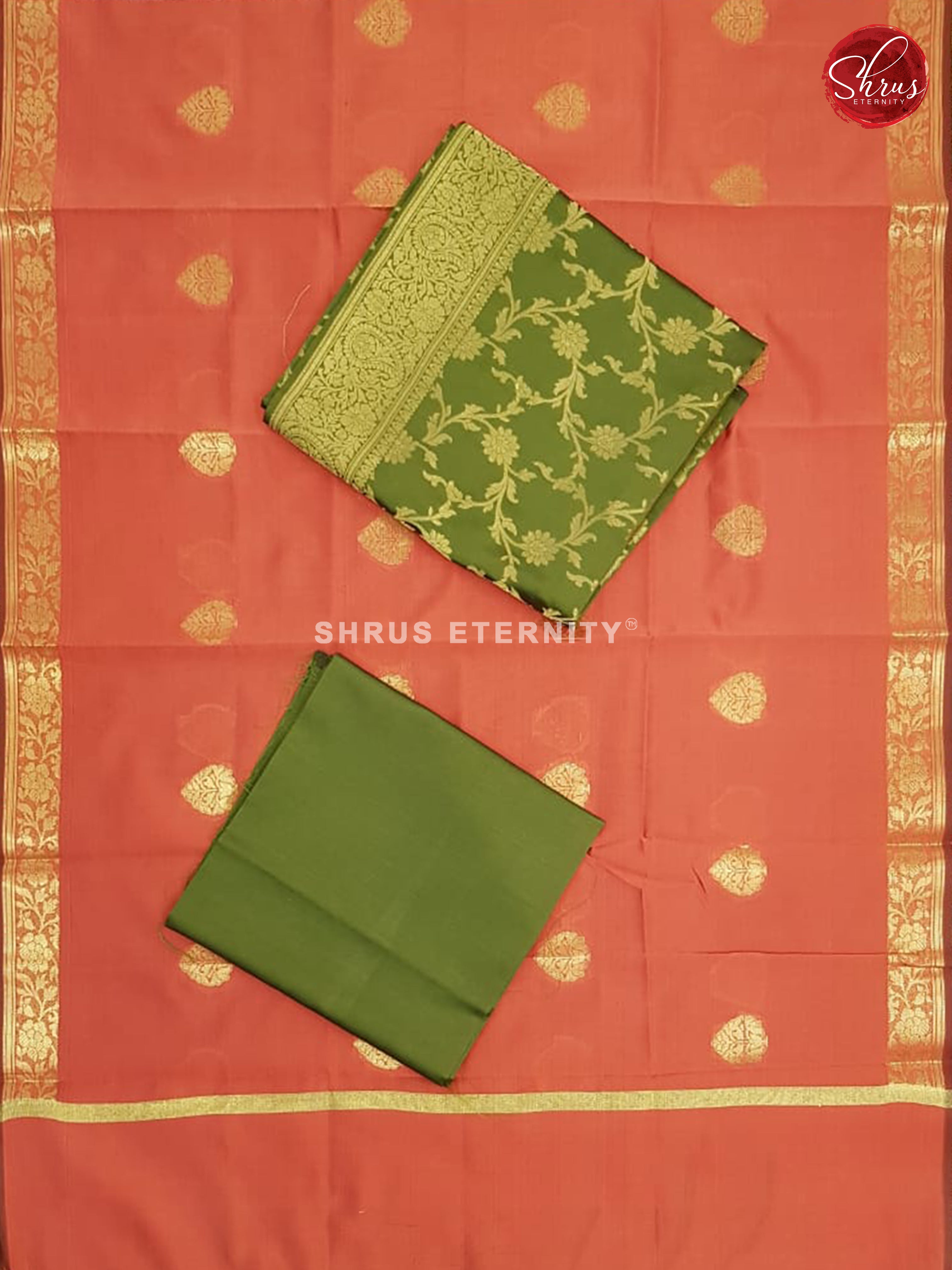 Green & Reddish Pink - Semi Banarasi Suit - Shop on ShrusEternity.com
