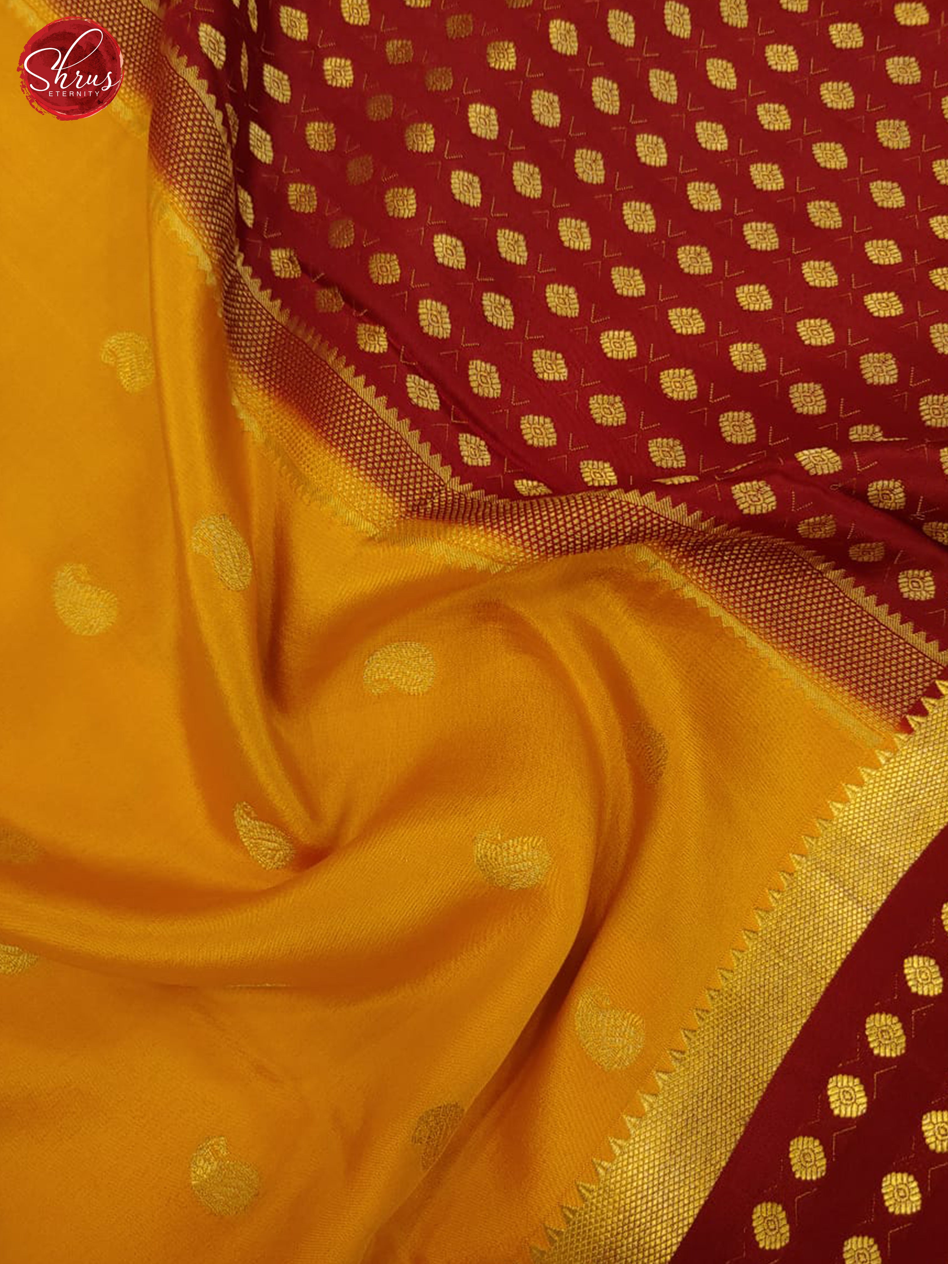 Yellow & maroon - Mysore Silk with Border & Gold zari - Shop on ShrusEternity.com