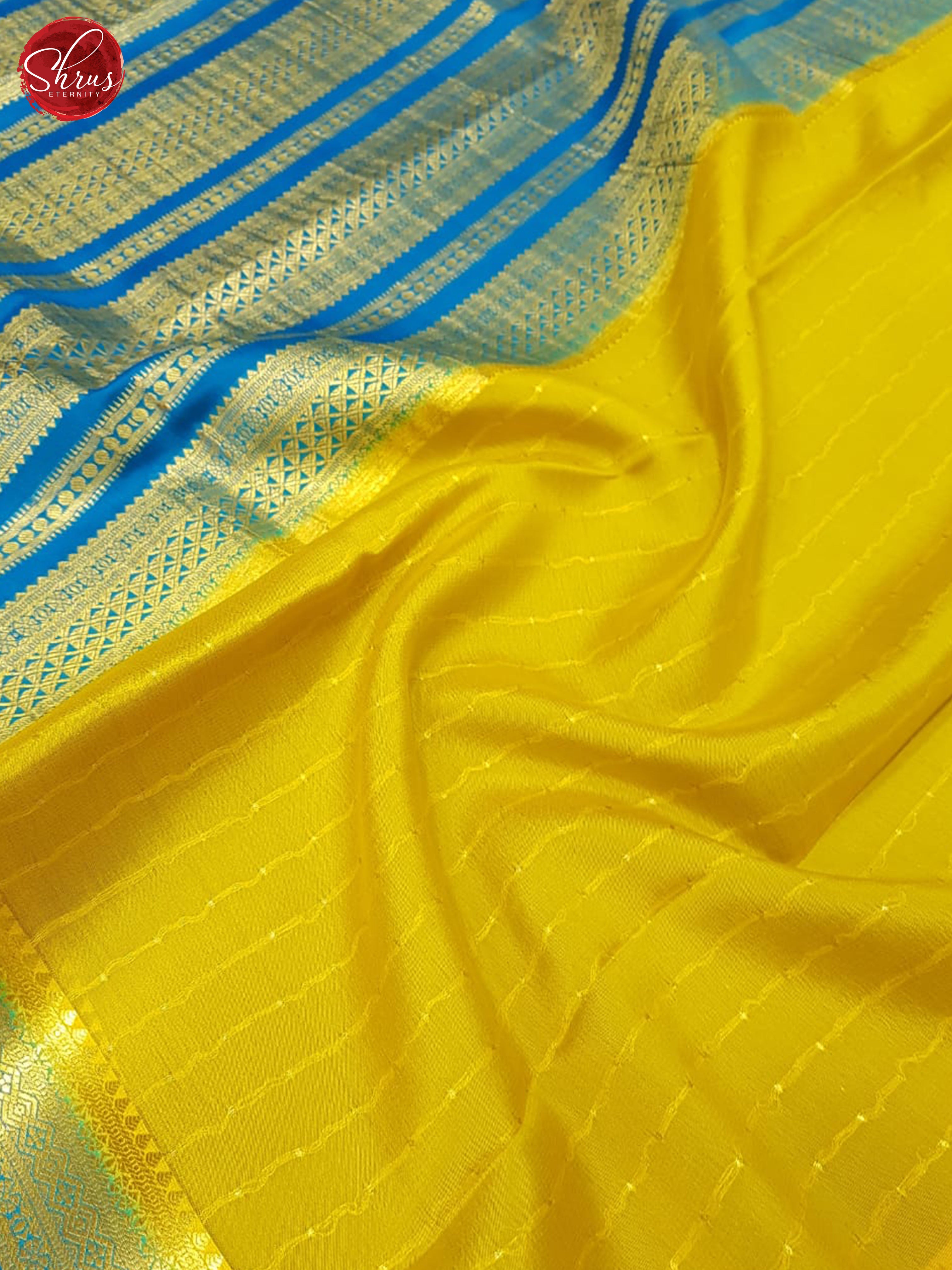 Yellow & Blue  - Mysore Silk with Border & Gold Zari - Shop on ShrusEternity.com