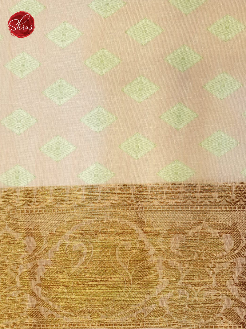 Green and Peach - Art Linen with floral print on the body and zari border - Shop on ShrusEternity.com