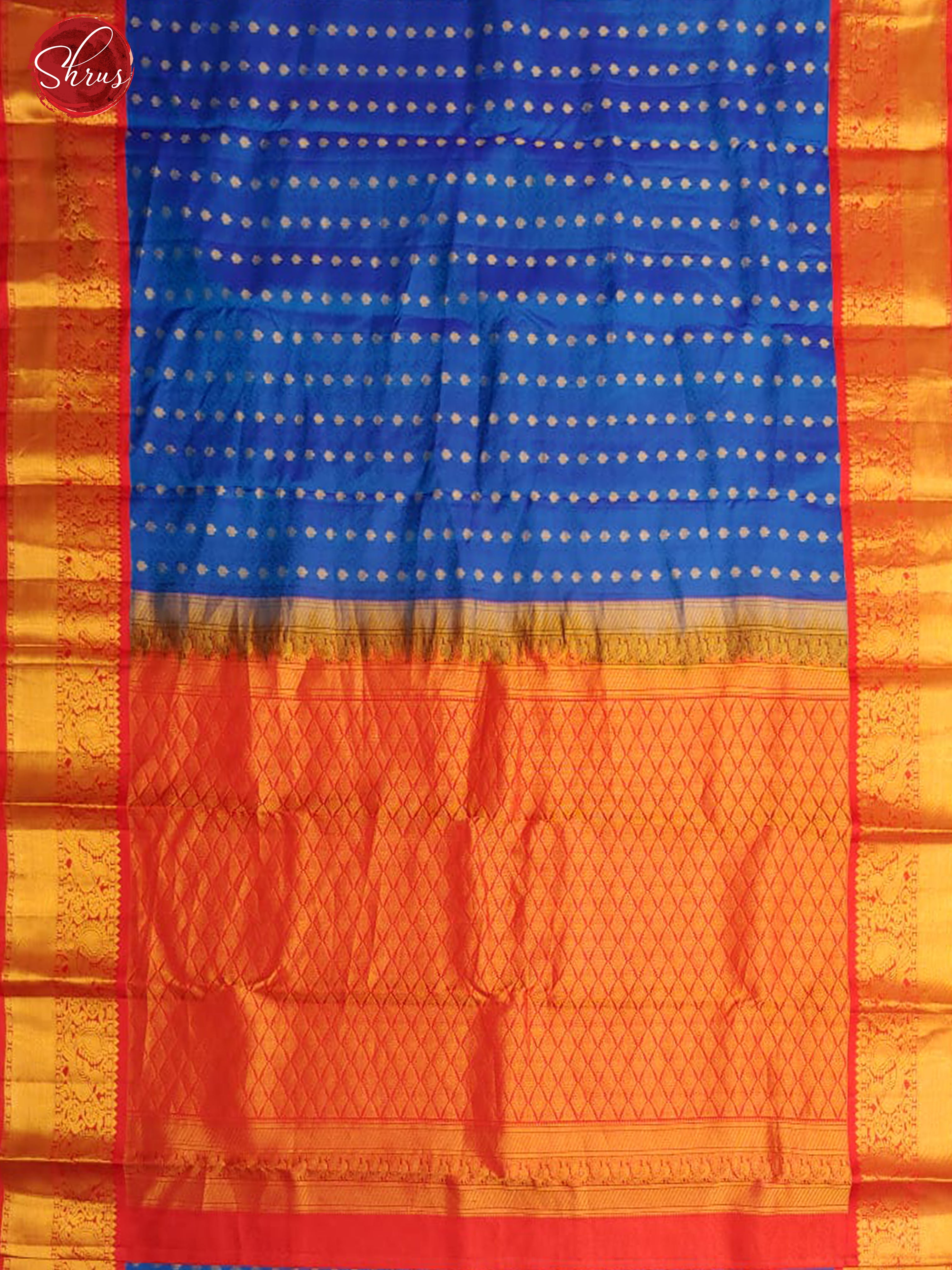Blue & Red - Kanchipuram Silk with Zari woven floral buttas , self jacquard on the body  & Gold Zari Border - Shop on ShrusEternity.com