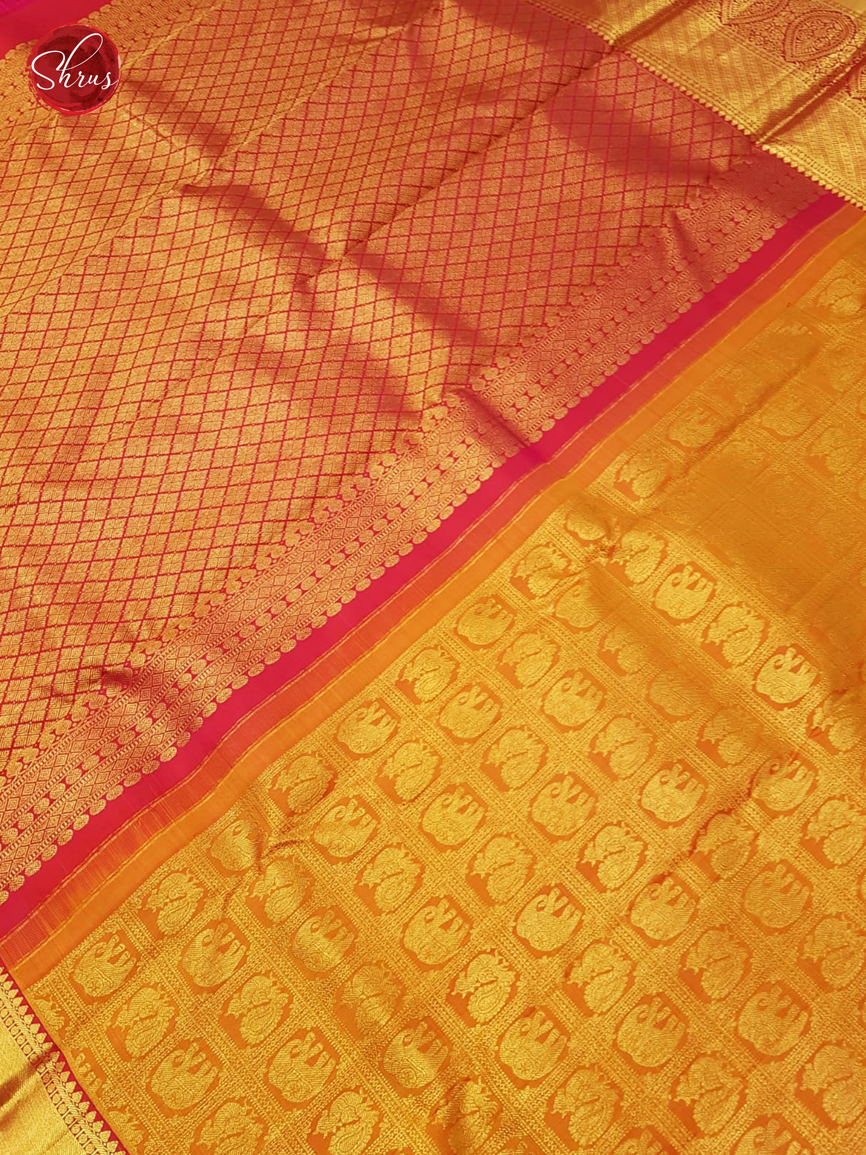 Mustard & Pink - Kanchipuram Silk with Border & Gold Zari - Shop on ShrusEternity.com